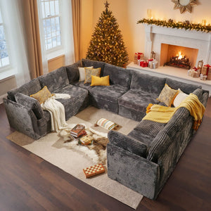 Dark grey corduroy U-shaped modular sectional sofa with deep seating.
