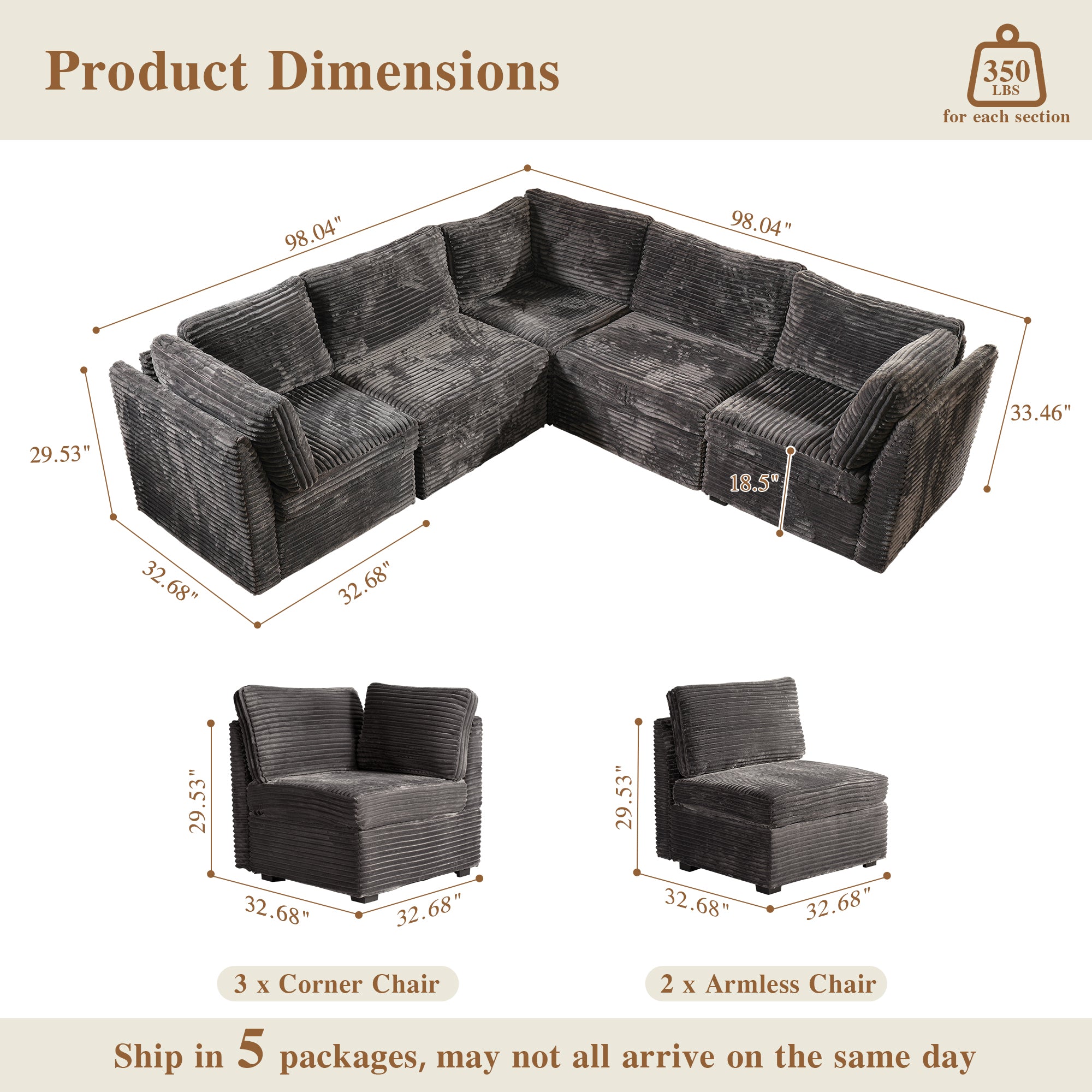 OVIOS Modular Sectional Sofa Couch with Oversized Chaise