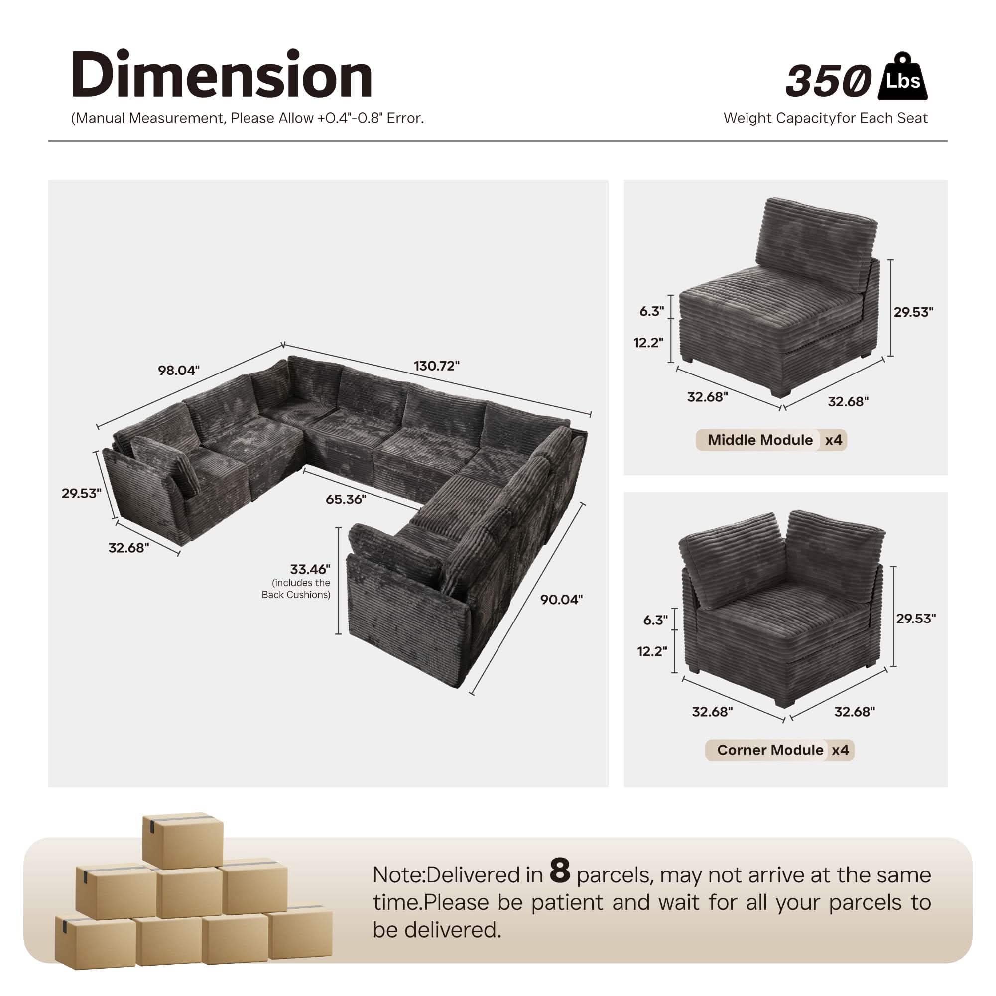 Ovios 130.7" Modular Sectional Sofa Couch, U-Shaped Minimalist Couches with 2 Oversized Chaise