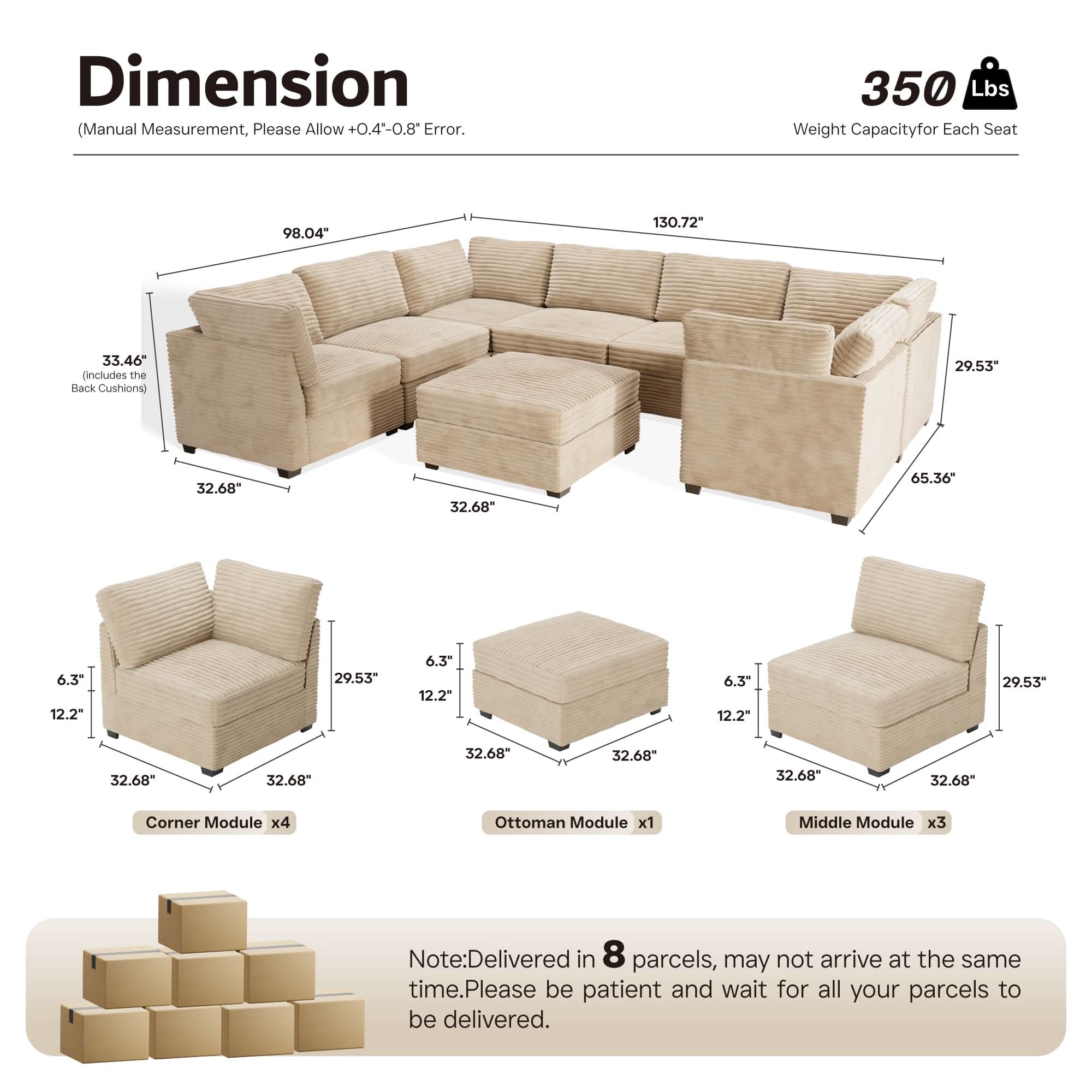 Ovios 130.7" Modular Sectional Sofa Couch, U-Shaped Minimalist Couches with Sofa Bed Chaise