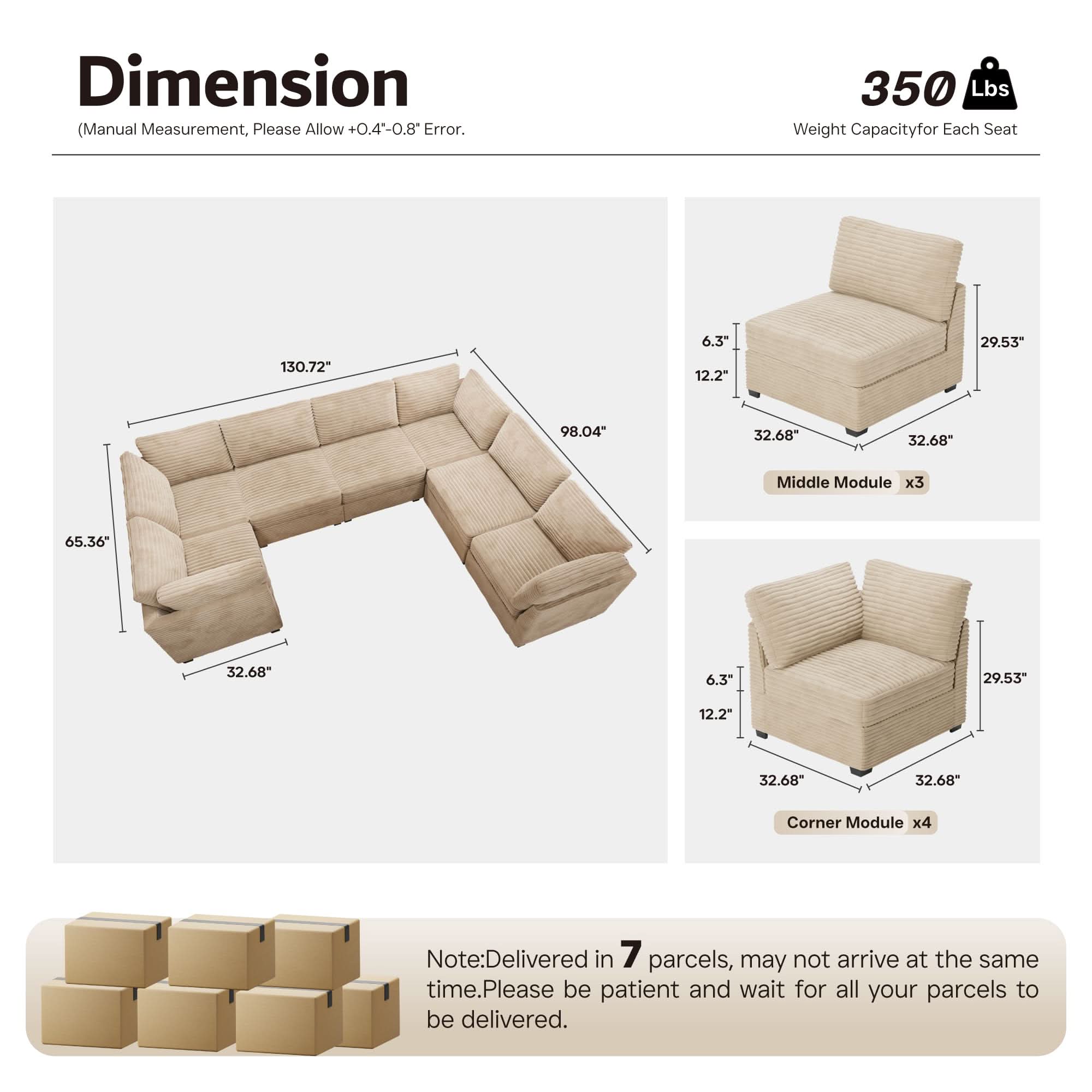 Ovios 130.7" Modular Sectional Sofa Couch, U-Shaped Minimalist Couches with Oversized Chaise