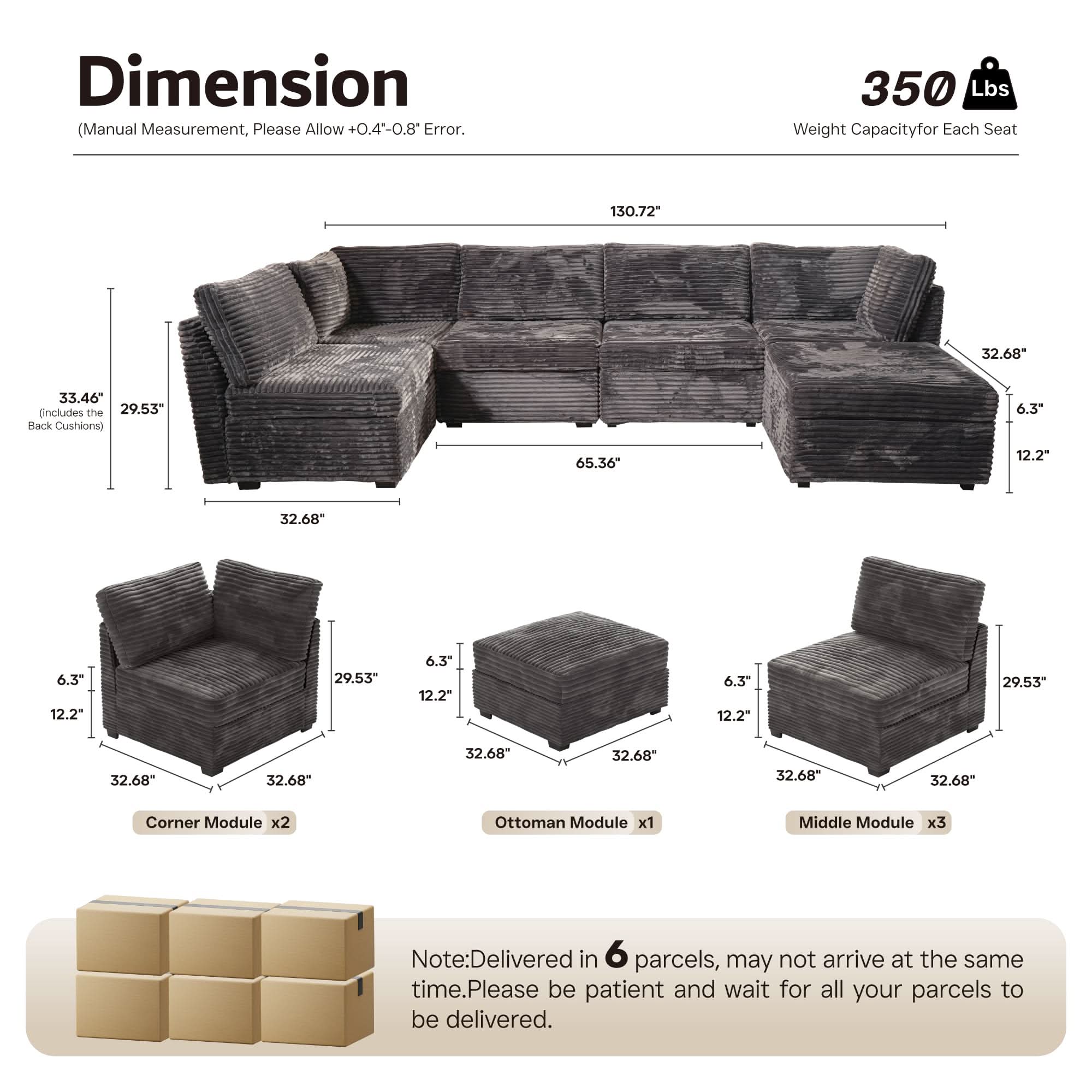 Ovios 130.7" Modular Sectional Sofa Couch, U-Shaped Minimalist Couches with Sofa Bed Chaise