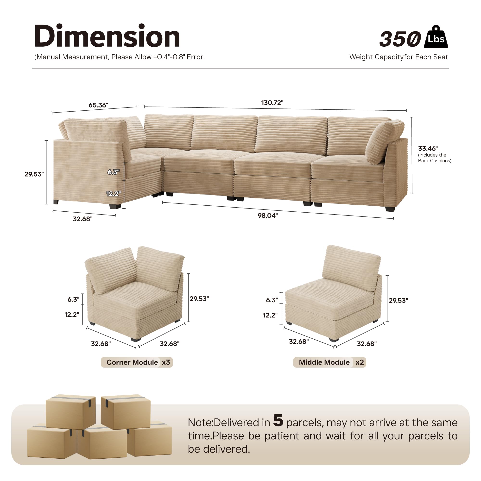 Ovios 130.7" Modular Sectional Sofa Couch, L-Shaped Minimalist Couches with Convertible Chaise