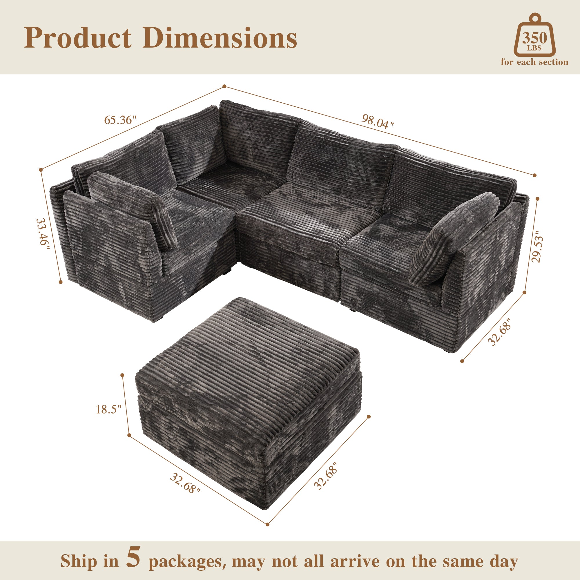 OVIOS Modular Sectional Sofa Couch with Oversized Chaise