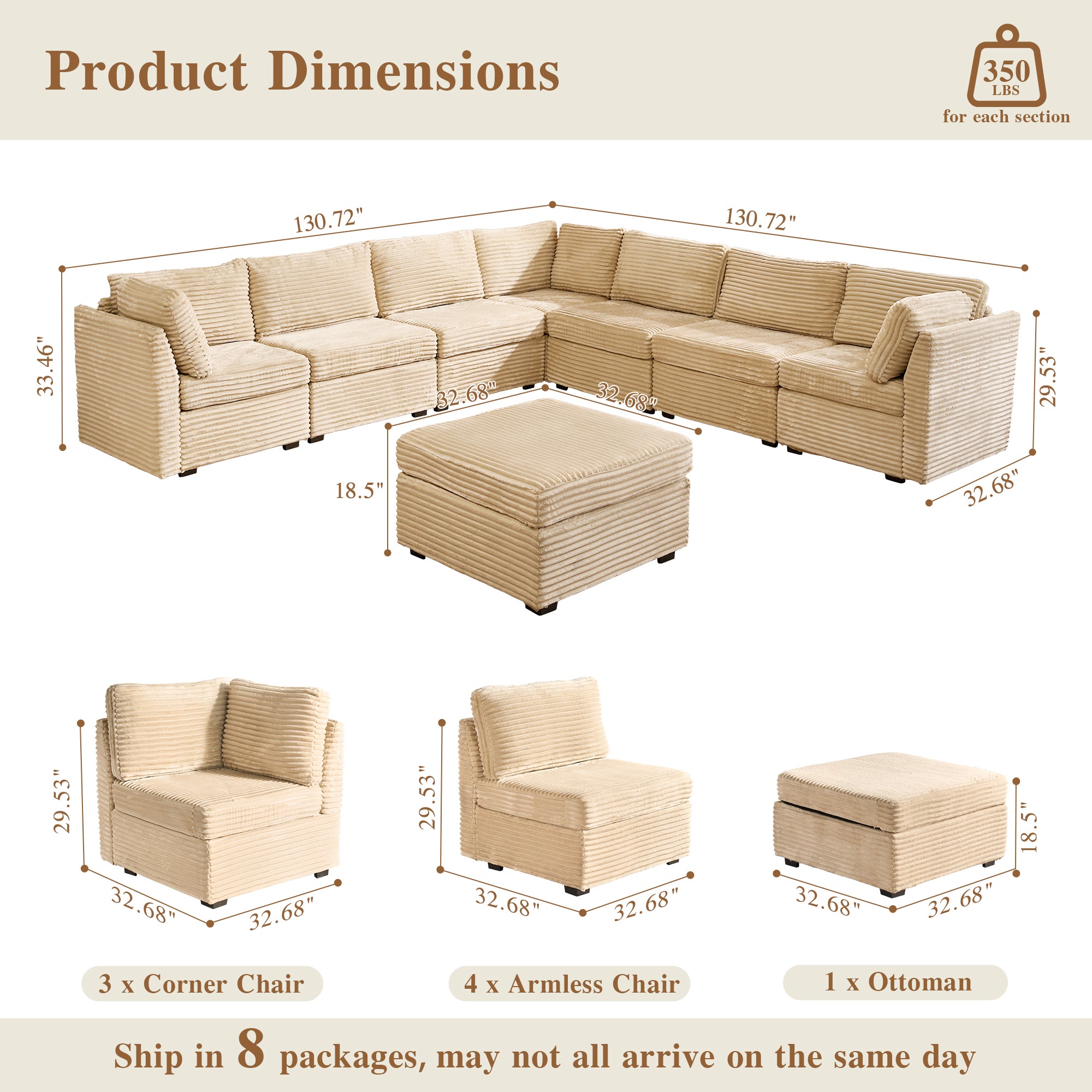 OVIOS Modular Sectional Sofa Couch with Oversized Chaise