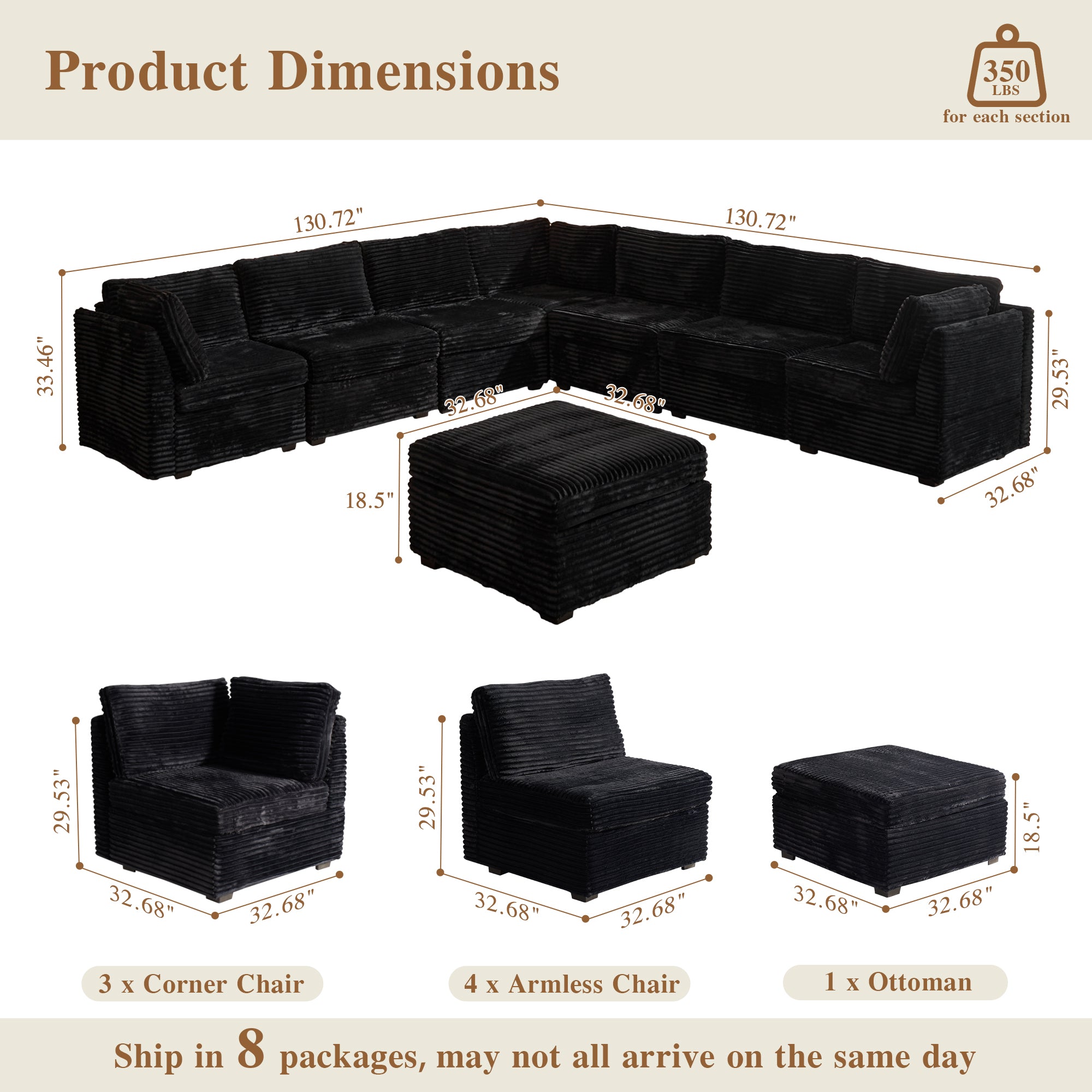 OVIOS Modular Sectional Sofa Couch with Oversized Chaise