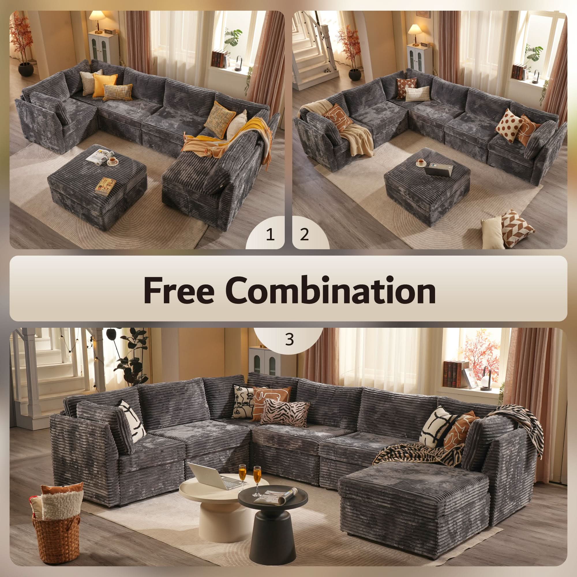 Ovios L-shaped 130.7" Modular Sectional Sofa Couch,  Modern Deep Seat Cloud Plush Corduroy Sofas Set for Living Room