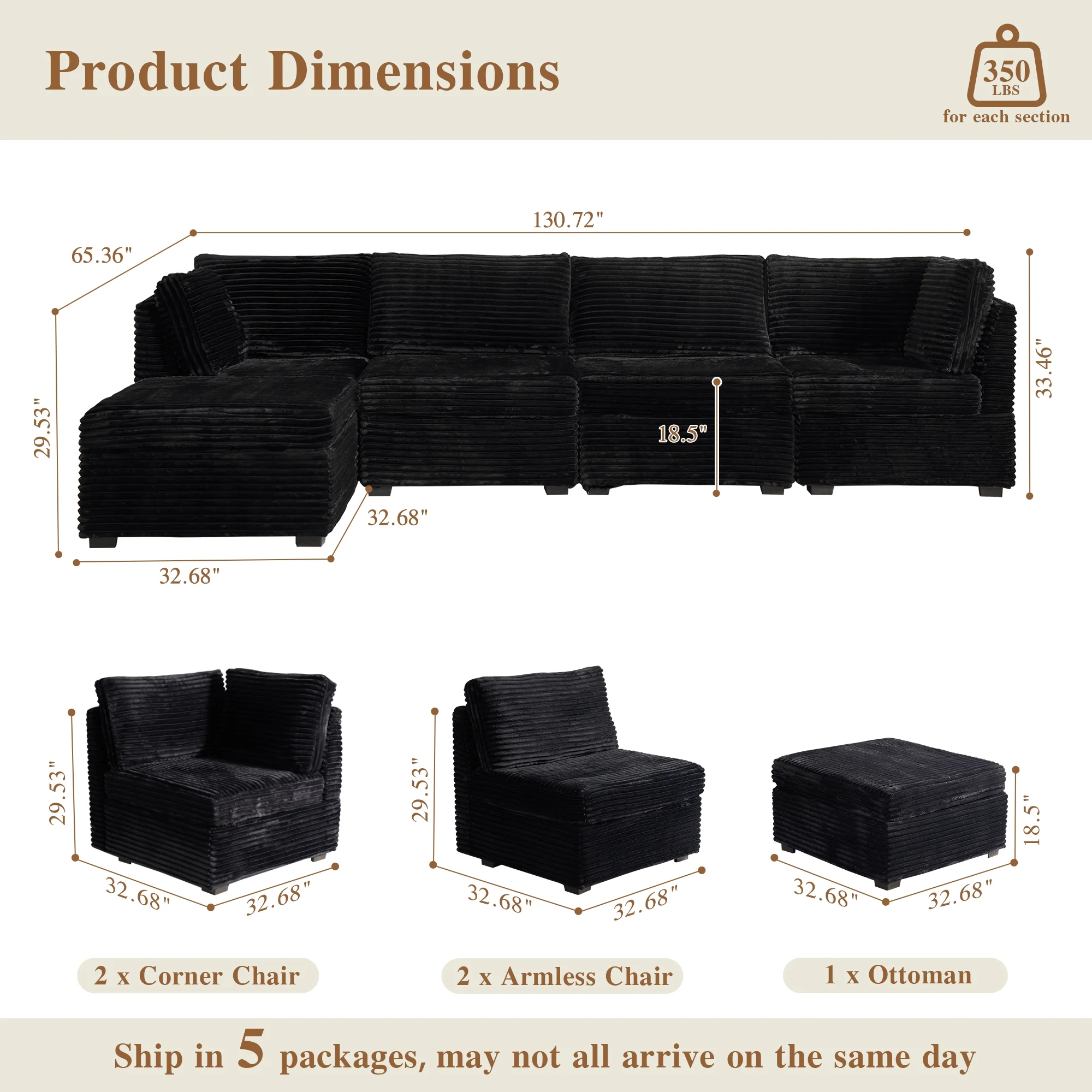 OVIOS Modular Sectional Sofa Couch with Oversized Chaise