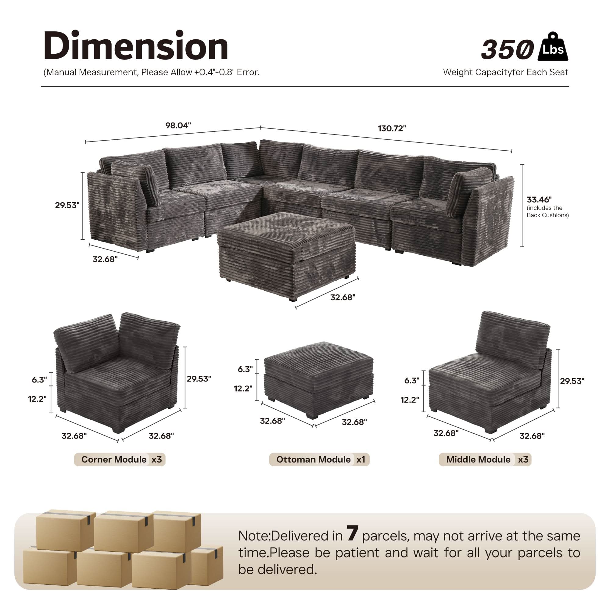 Ovios L-shaped 130.7" Modular Sectional Sofa Couch,  Modern Deep Seat Cloud Plush Corduroy Sofas Set for Living Room
