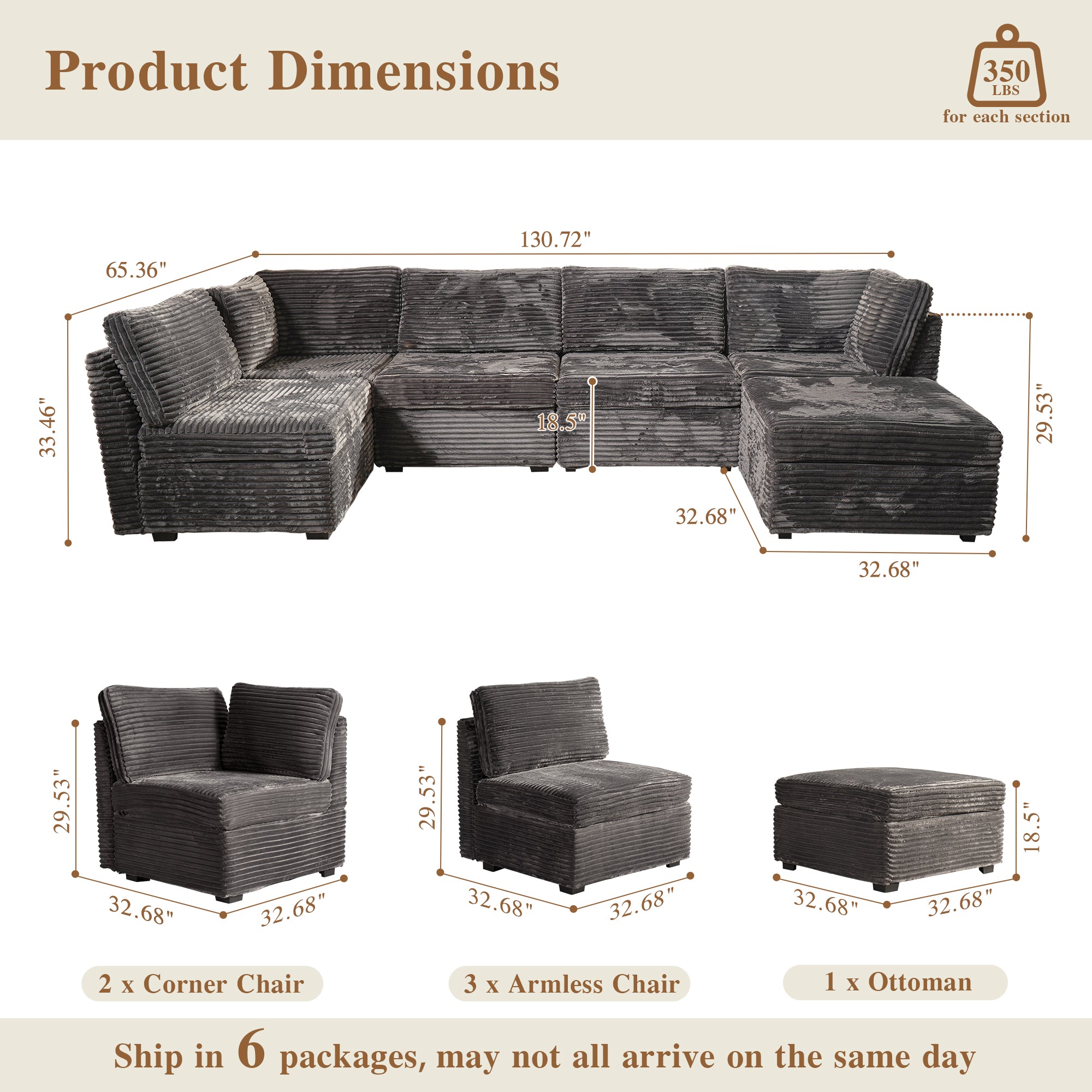 OVIOS Modular Sectional Sofa Couch with Oversized Chaise