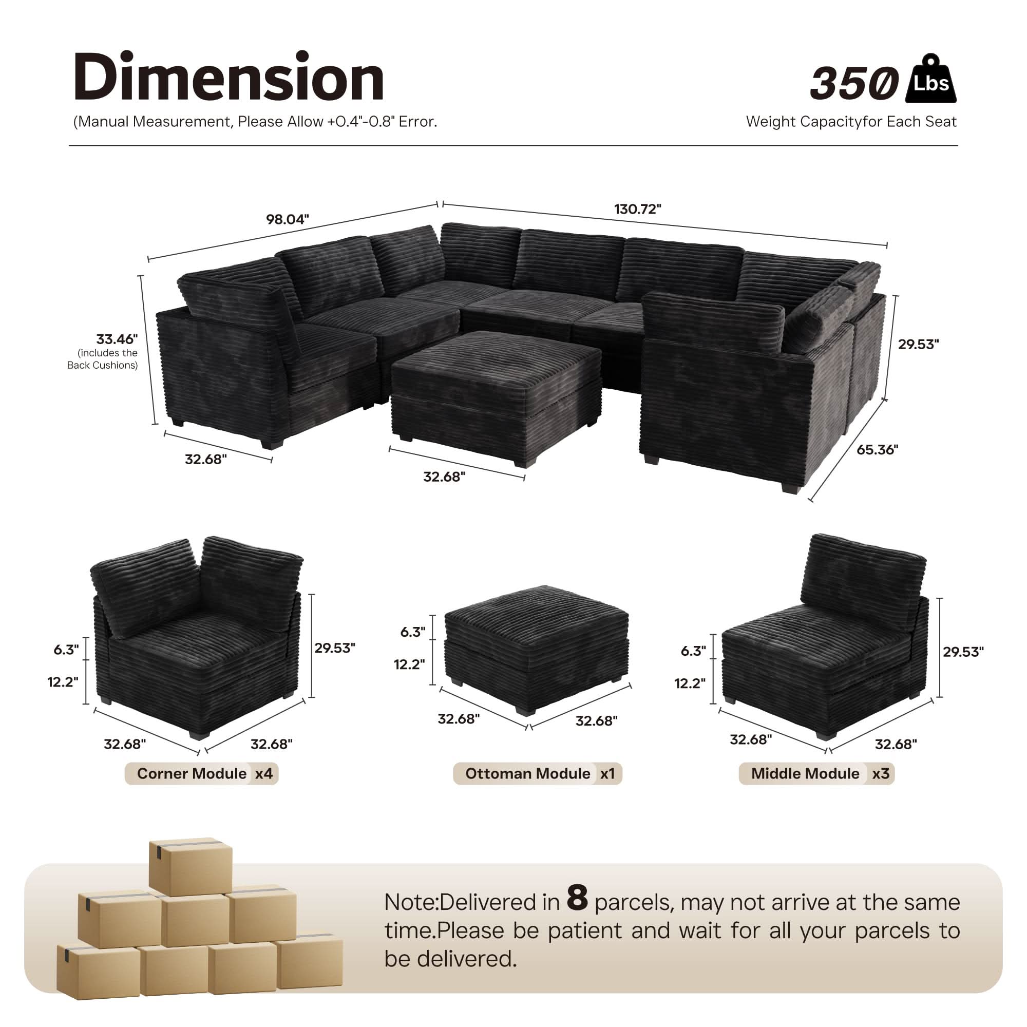 Ovios 130.7" Modular Sectional Sofa Couch, U-Shaped Minimalist Couches with Sofa Bed Chaise