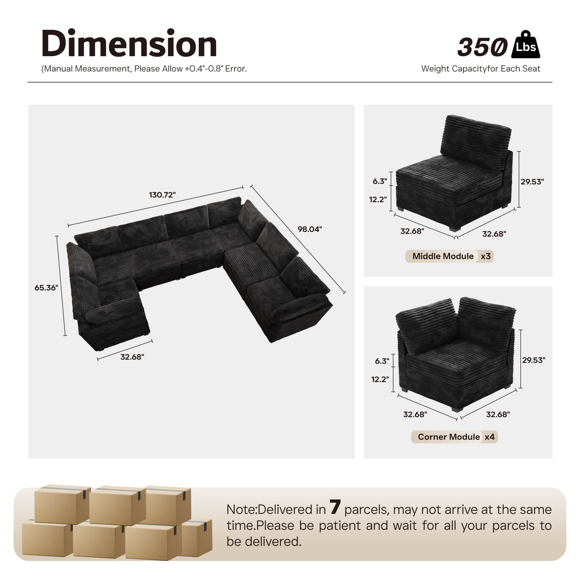 Ovios 130.7" Modular Sectional Sofa Couch, U-Shaped Minimalist Couches with Oversized Chaise