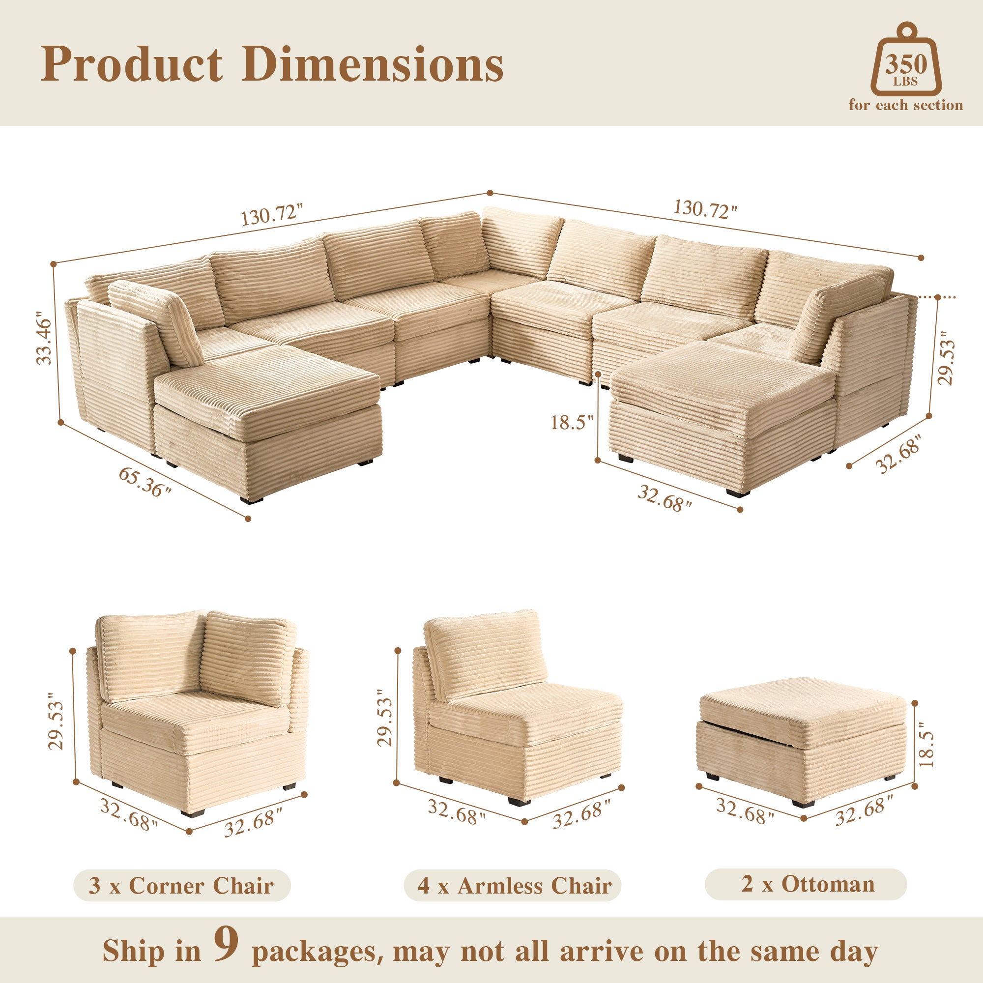 OVIOS Modular Sectional Sofa Couch with Oversized Chaise