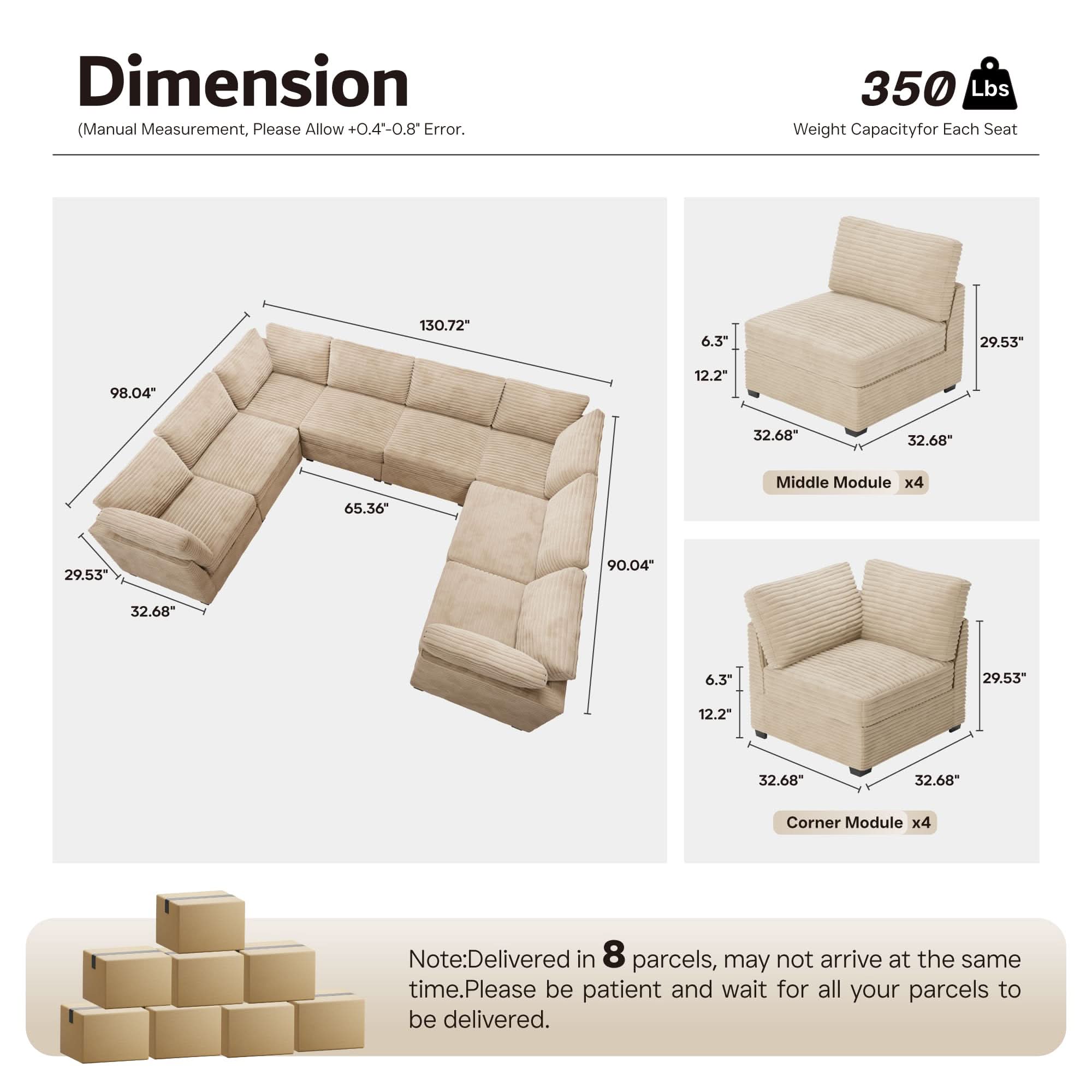 Ovios 130.7" Modular Sectional Sofa Couch, U-Shaped Minimalist Couches with 2 Oversized Chaise