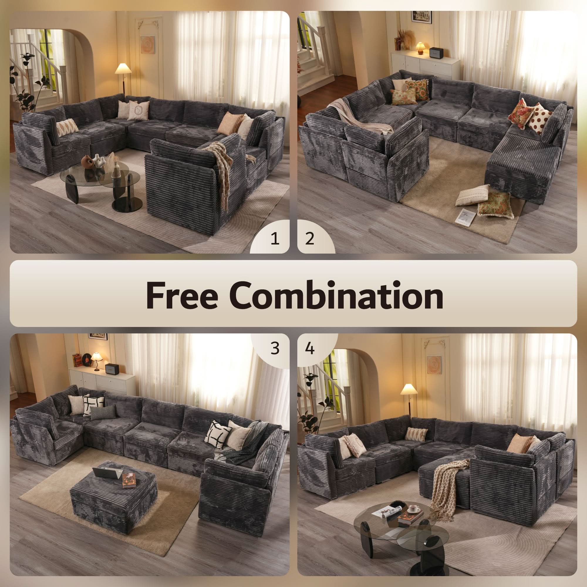 Ovios 130.7" Modular Sectional Sofa Couch, U-Shaped Minimalist Couches with Sofa Bed Chaise