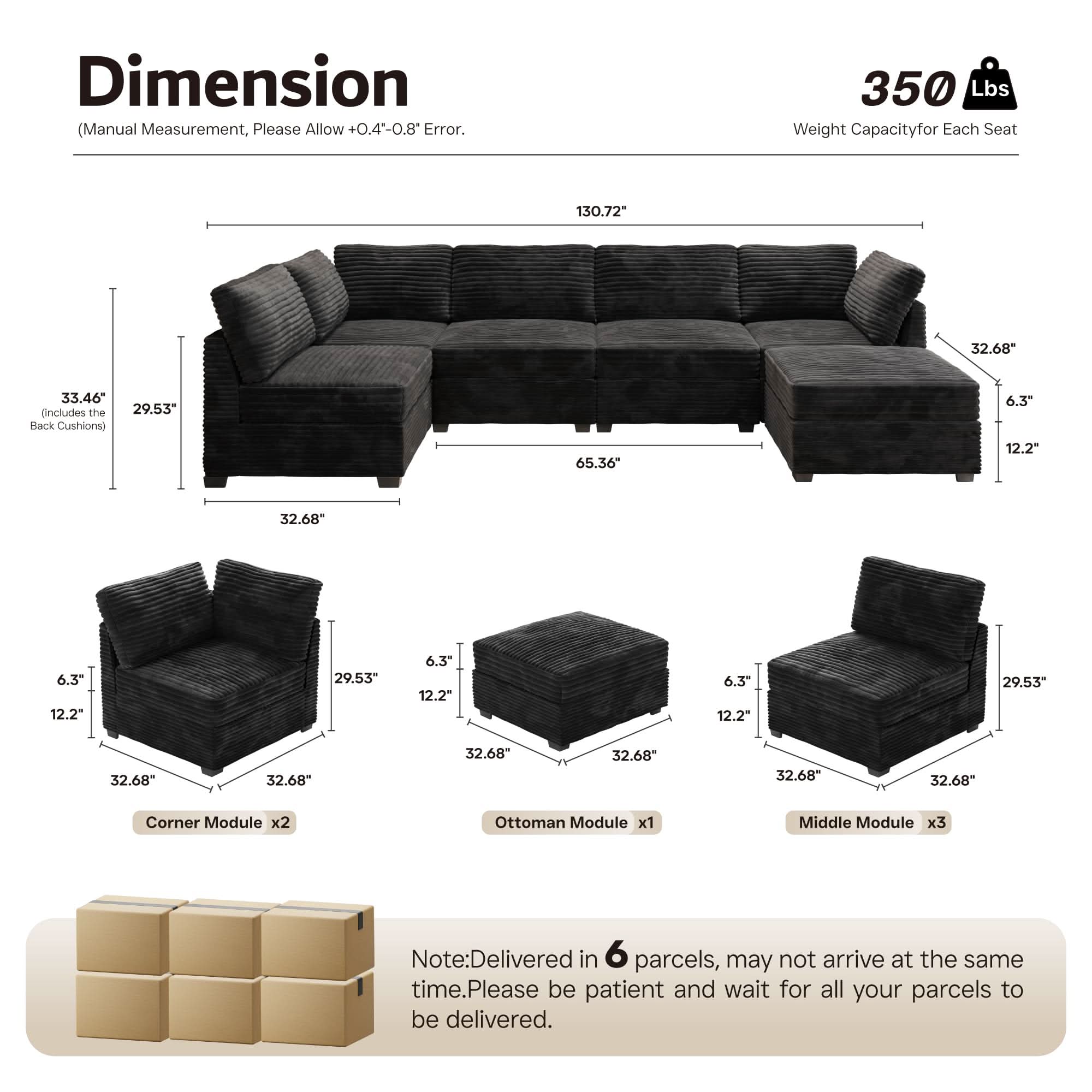 Ovios 130.7" Modular Sectional Sofa Couch, U-Shaped Minimalist Couches with Sofa Bed Chaise