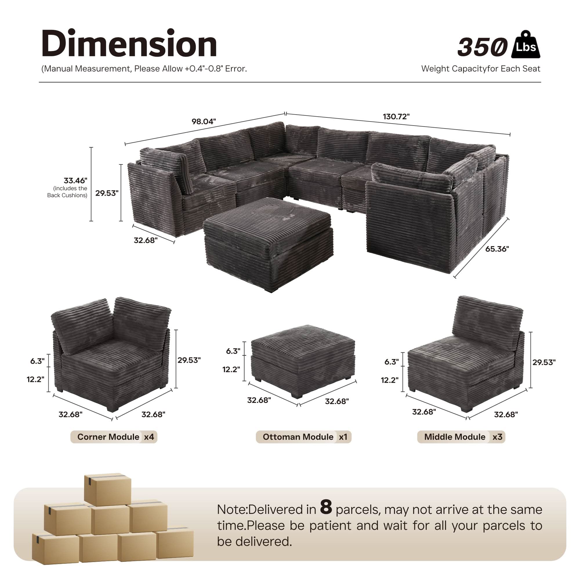 Ovios 130.7" Modular Sectional Sofa Couch, U-Shaped Minimalist Couches with Sofa Bed Chaise