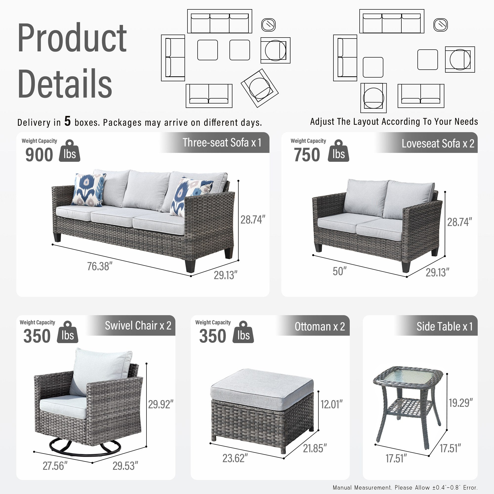 OVIOS Outdoor Patio Furniture Set with Wicker Sofa Loveseat Ottomans and Rocking Chairs