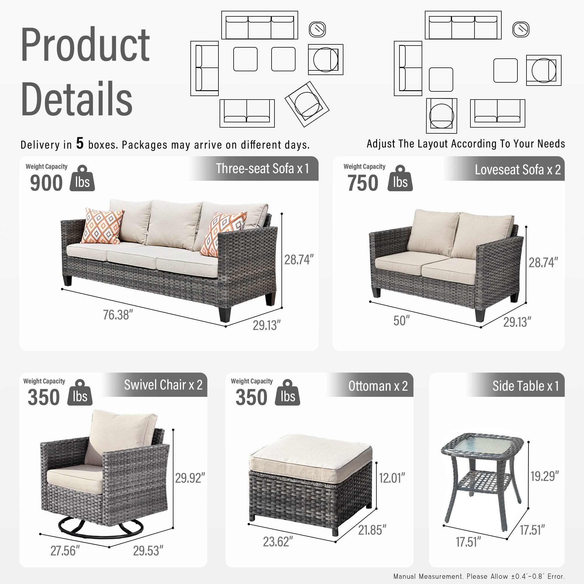 OVIOS Outdoor Patio Furniture Set with Wicker Sofa Loveseat Ottomans and Rocking Chairs