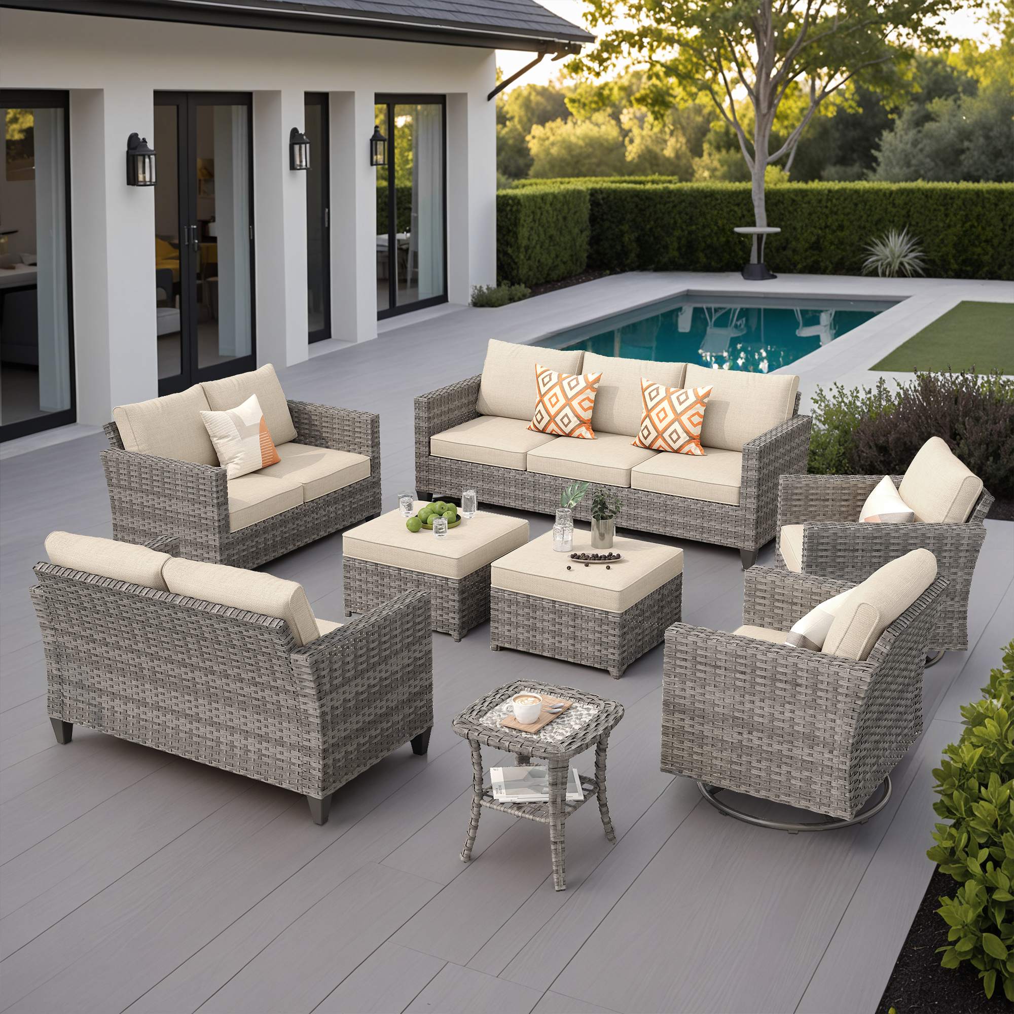 OVIOS Outdoor Patio Furniture Set with Wicker Sofa Loveseat Ottomans and Rocking Chairs