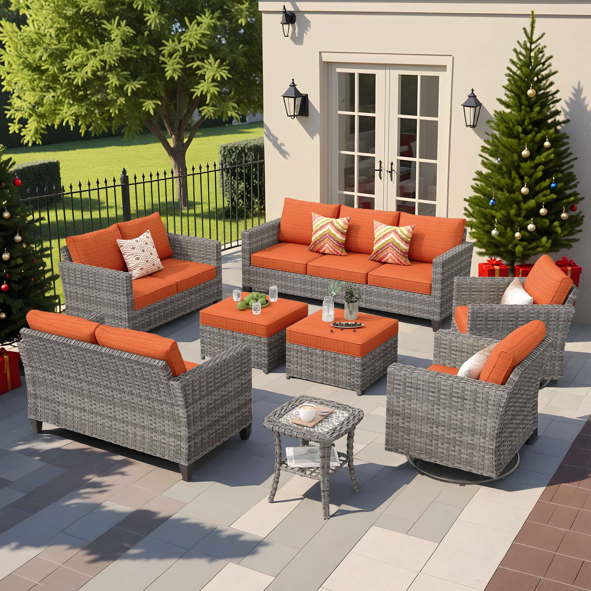 OVIOS Outdoor Patio Furniture Set with Wicker Sofa Loveseat Ottomans and Rocking Chairs