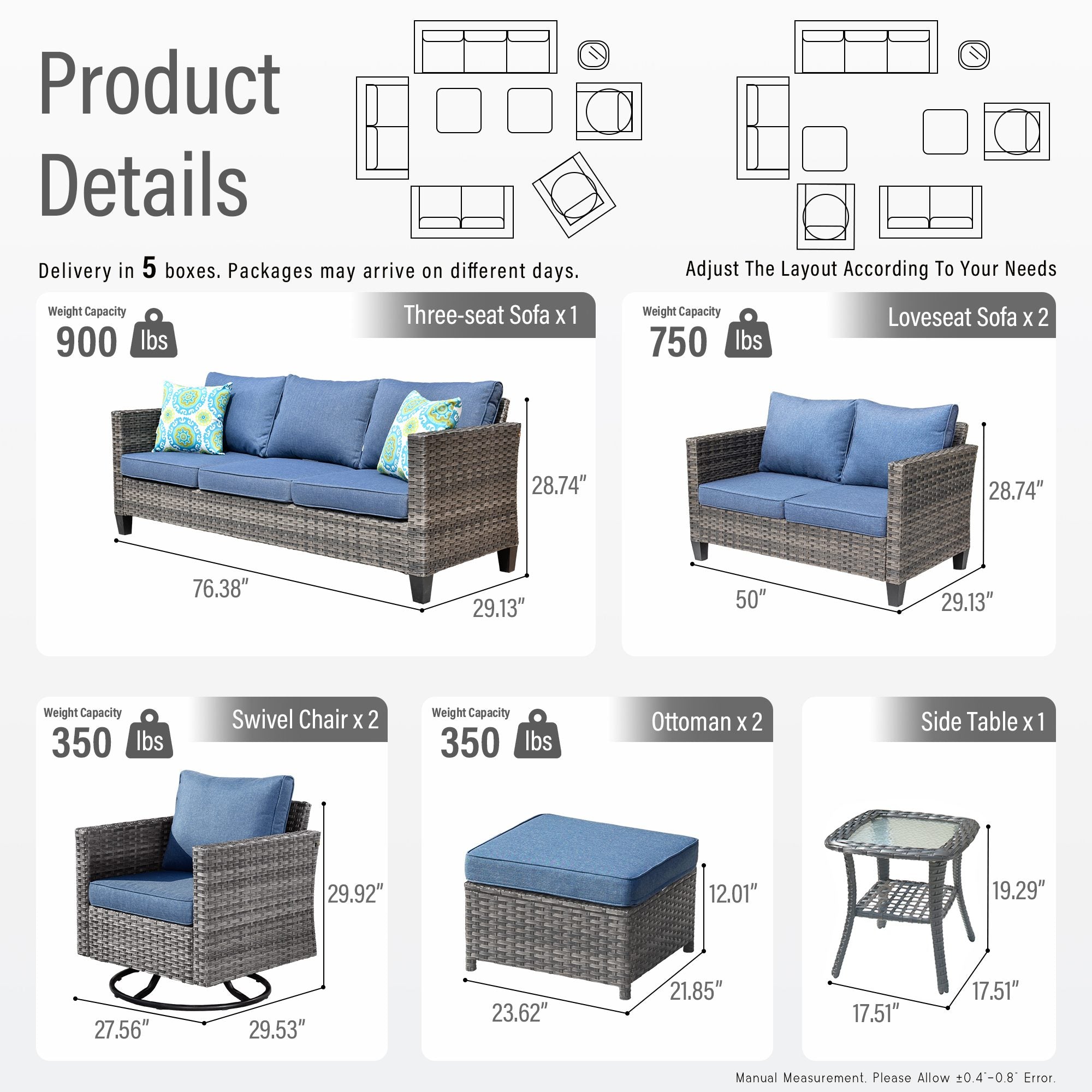 OVIOS Outdoor Patio Furniture Set with Wicker Sofa Loveseat Ottomans and Rocking Chairs