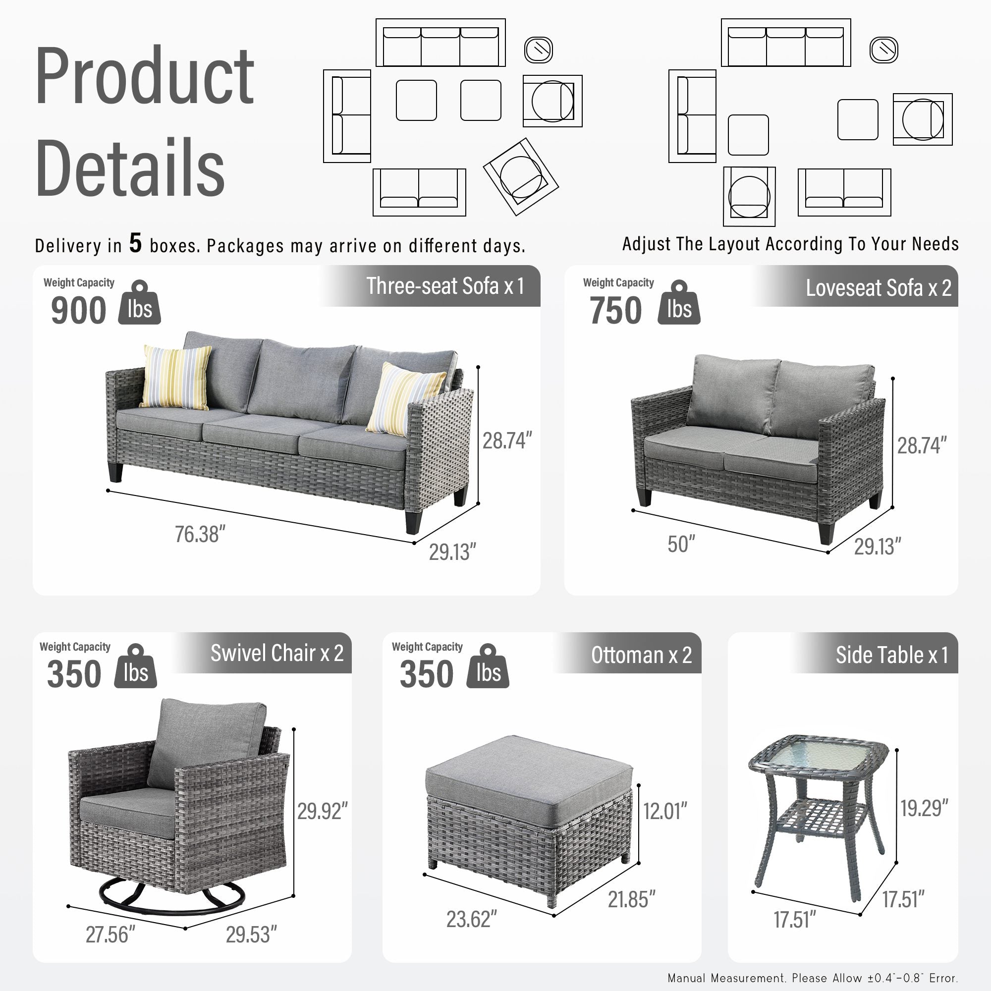 OVIOS Outdoor Patio Furniture Set with Wicker Sofa Loveseat Ottomans and Rocking Chairs