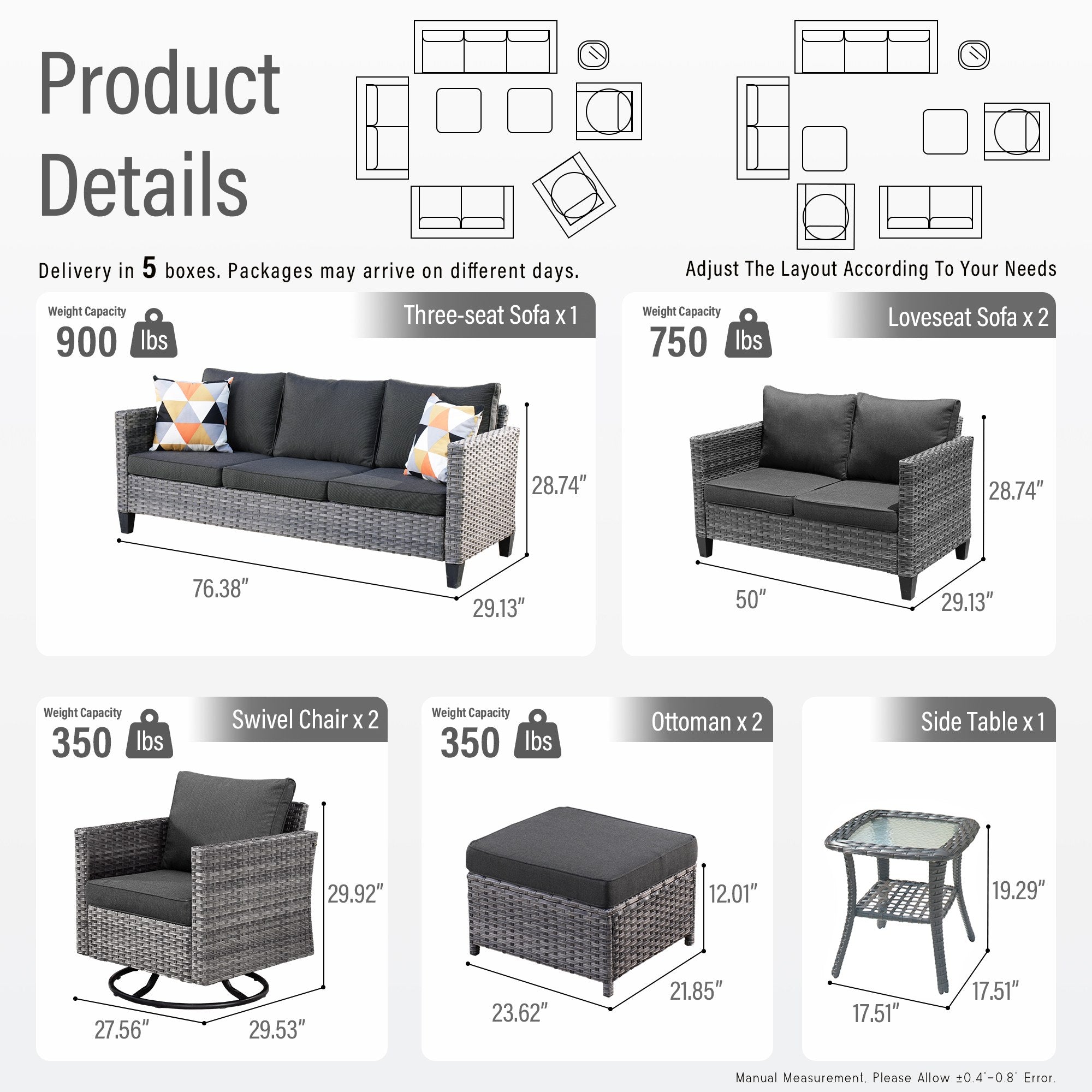 OVIOS Outdoor Patio Furniture Set with Wicker Sofa Loveseat Ottomans and Rocking Chairs