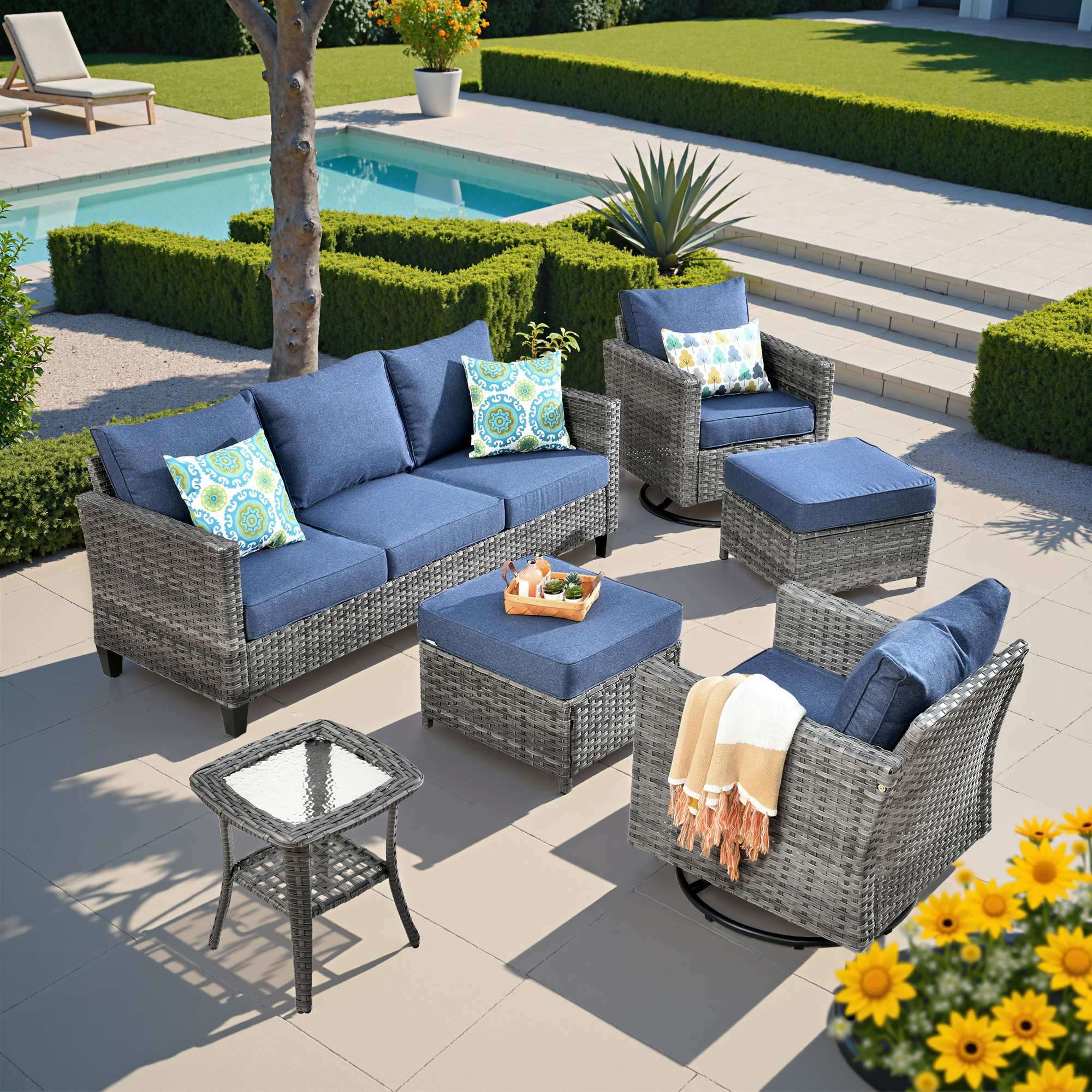 OVIOS Outdoor Patio Furniture Set with Wicker Sofa Loveseat Ottomans and Rocking Chairs