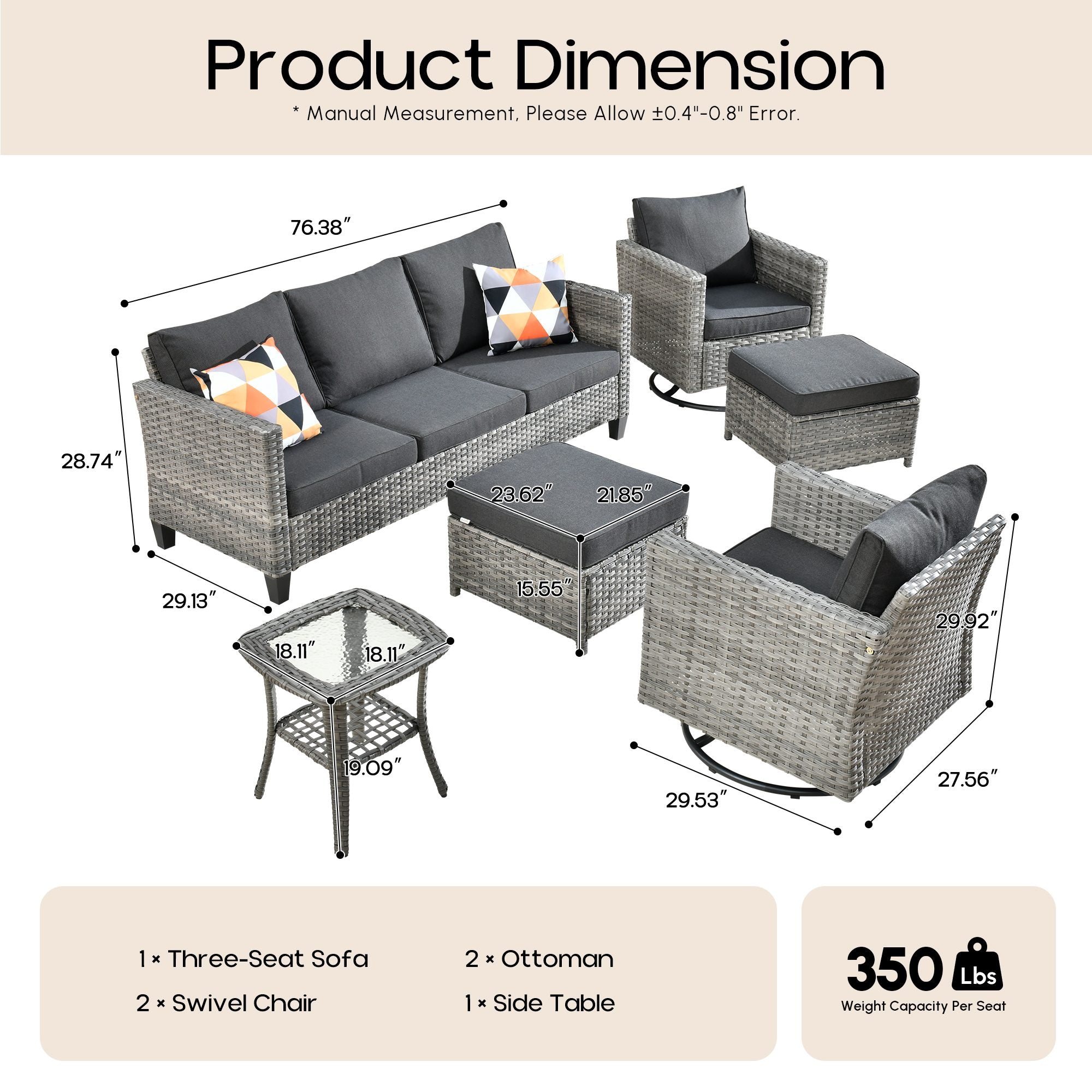 OVIOS Outdoor Patio Furniture Set with Wicker Sofa Loveseat Ottomans and Rocking Chairs