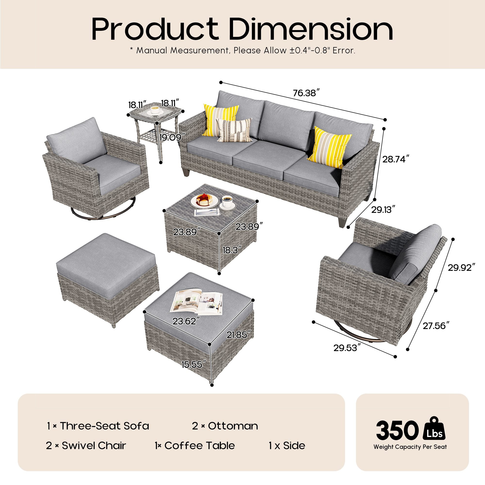 OVIOS Outdoor Patio Furniture Set with Wicker Sofa Loveseat Ottomans and Rocking Chairs