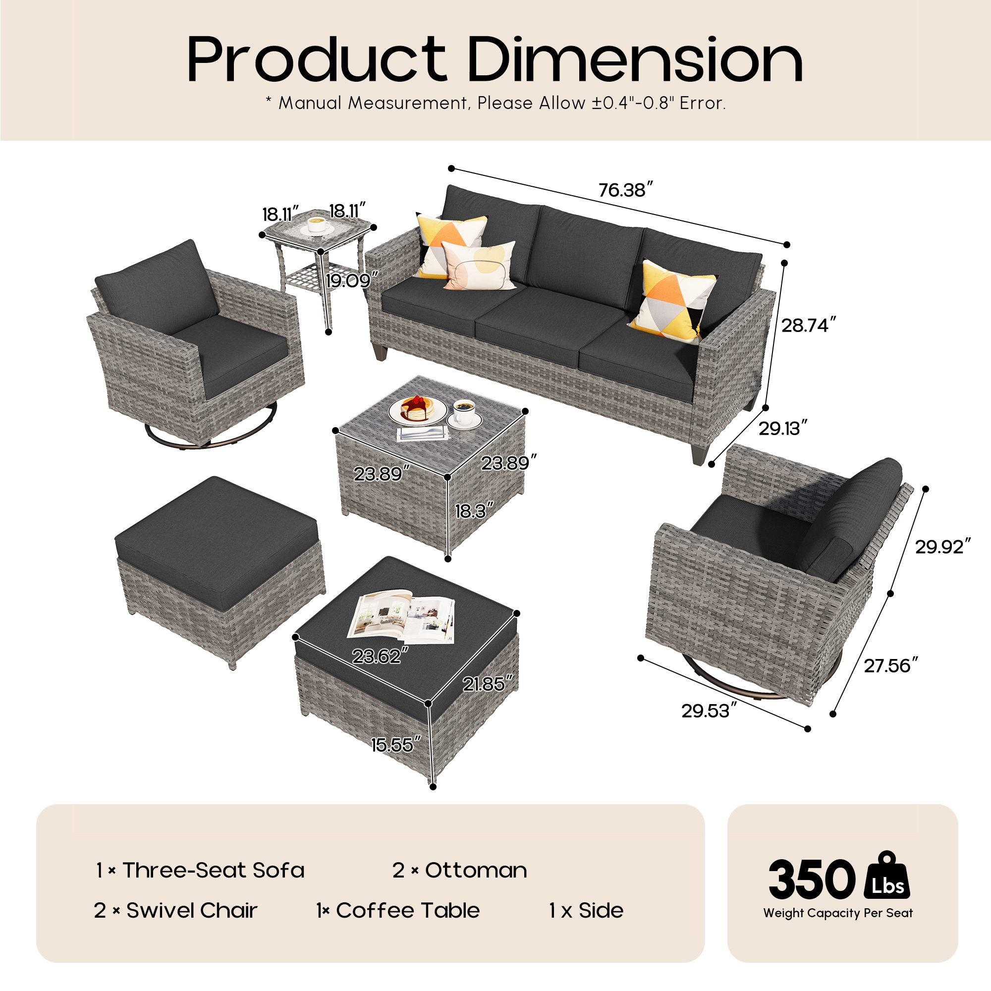 OVIOS Outdoor Patio Furniture Set with Wicker Sofa Loveseat Ottomans and Rocking Chairs
