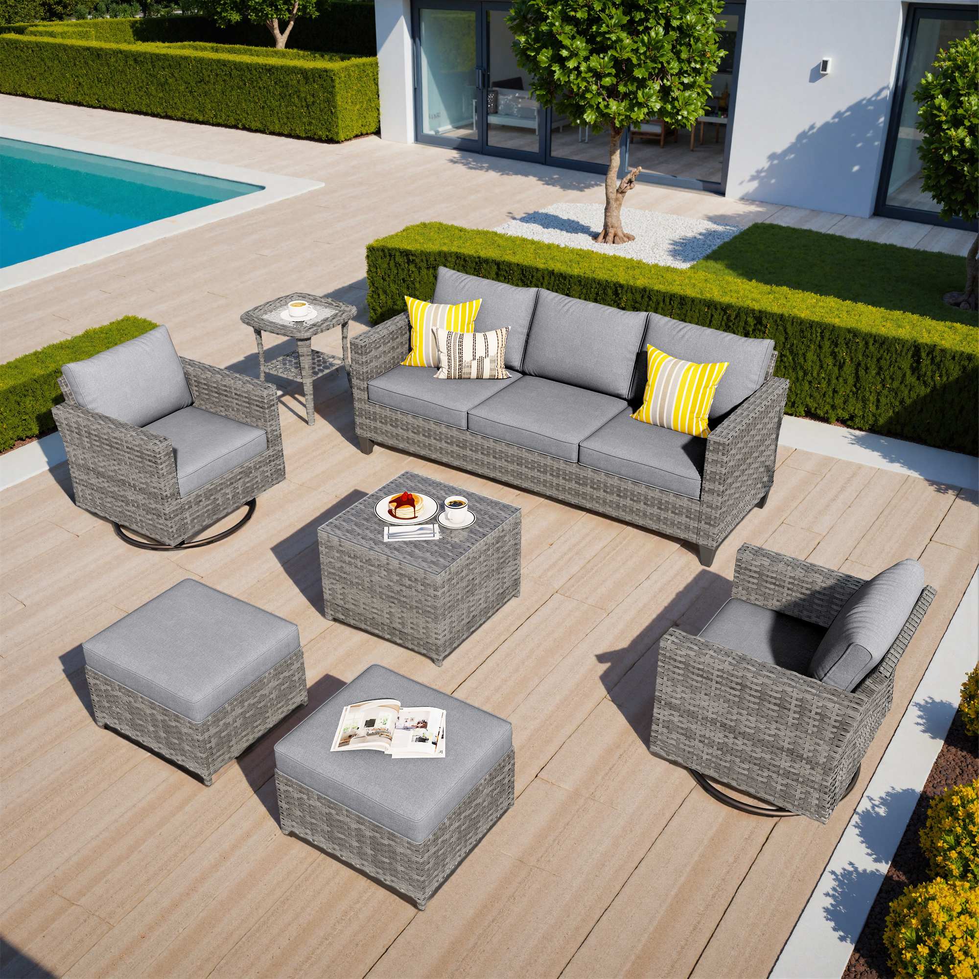 OVIOS Outdoor Patio Furniture Set with Wicker Sofa Loveseat Ottomans and Rocking Chairs