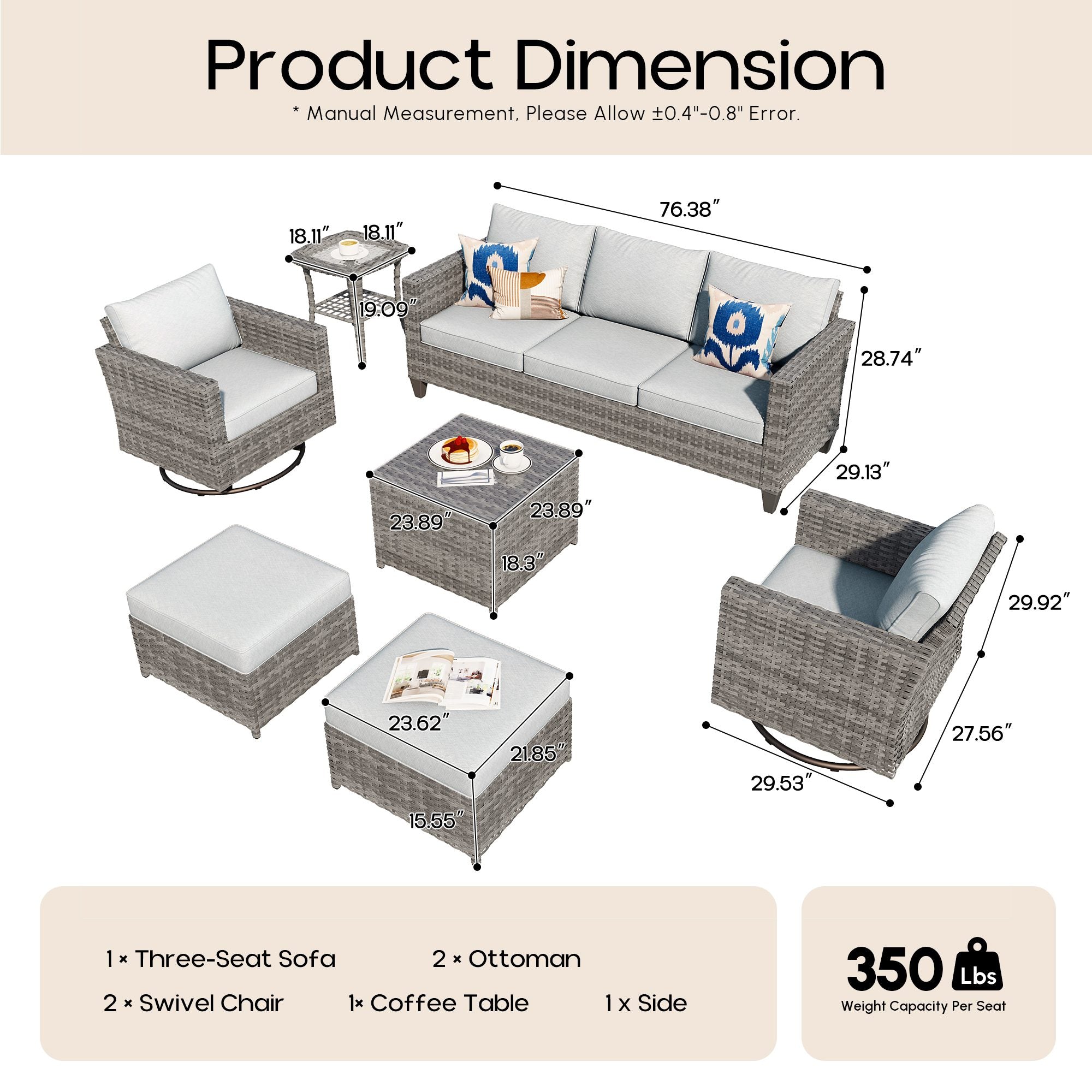 OVIOS Outdoor Patio Furniture Set with Wicker Sofa Loveseat Ottomans and Rocking Chairs