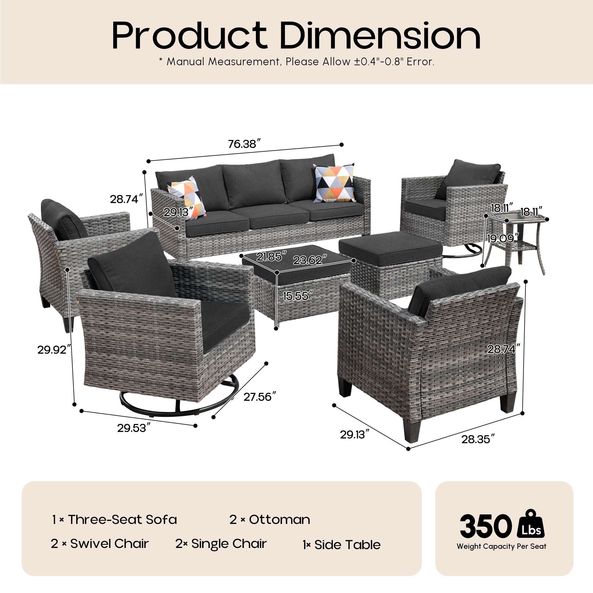 OVIOS Outdoor Patio Furniture Set with Wicker Sofa Loveseat Ottomans and Rocking Chairs