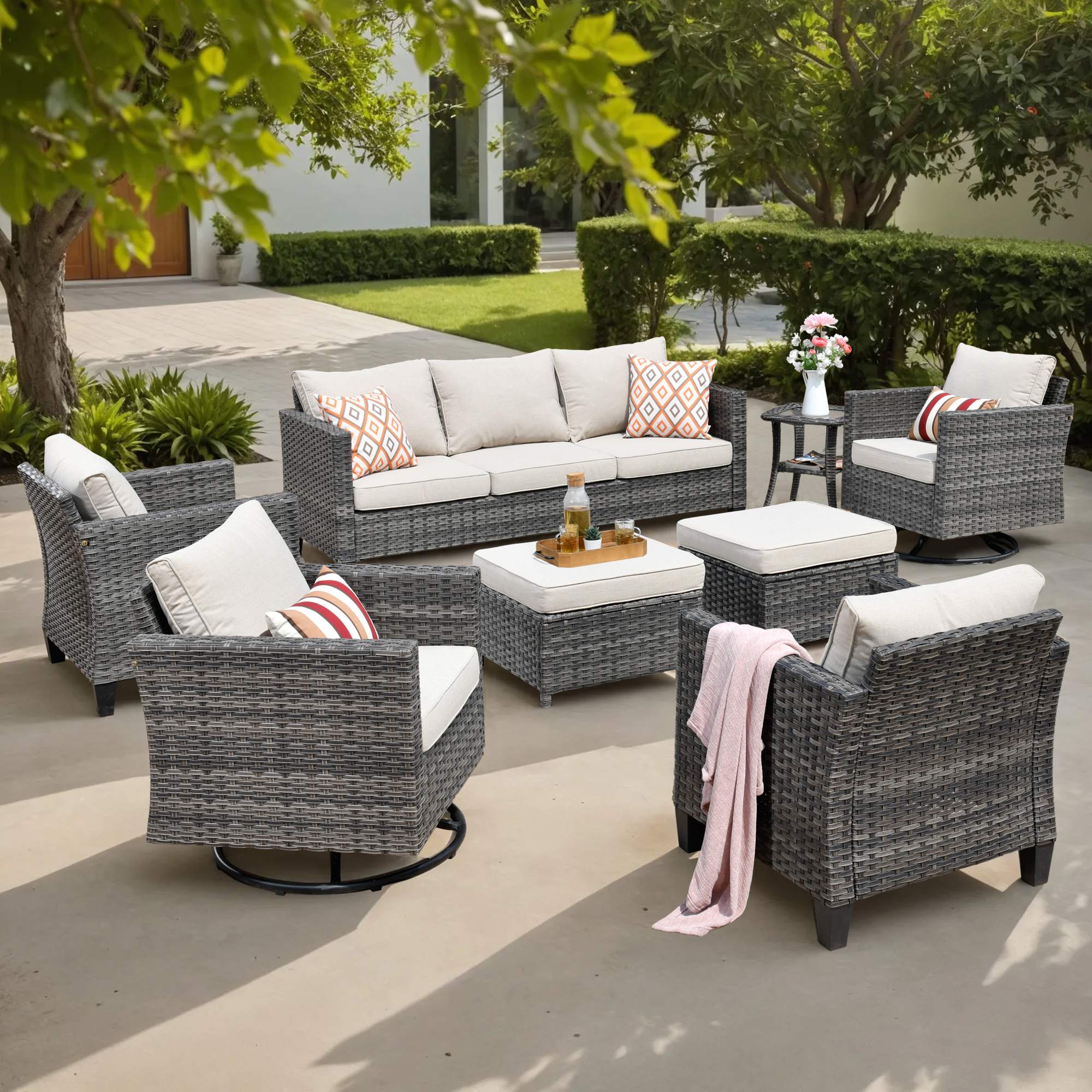 OVIOS Outdoor Patio Furniture Set with Wicker Sofa Loveseat Ottomans and Rocking Chairs