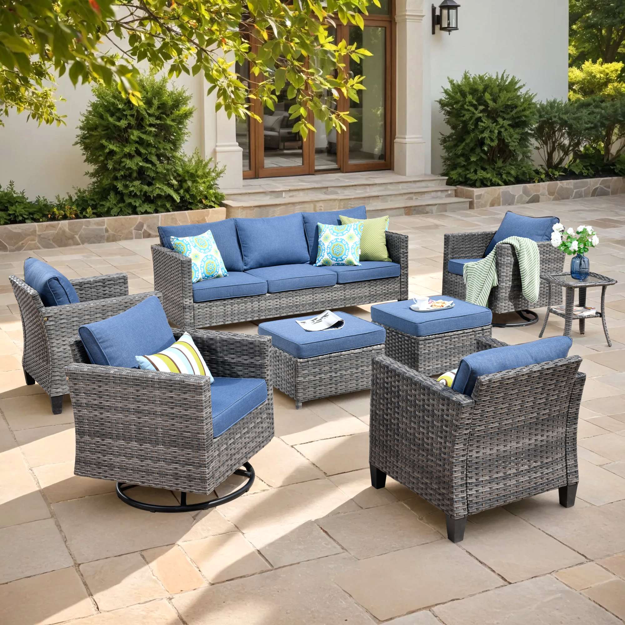 OVIOS Outdoor Patio Furniture Set with Wicker Sofa Loveseat Ottomans and Rocking Chairs