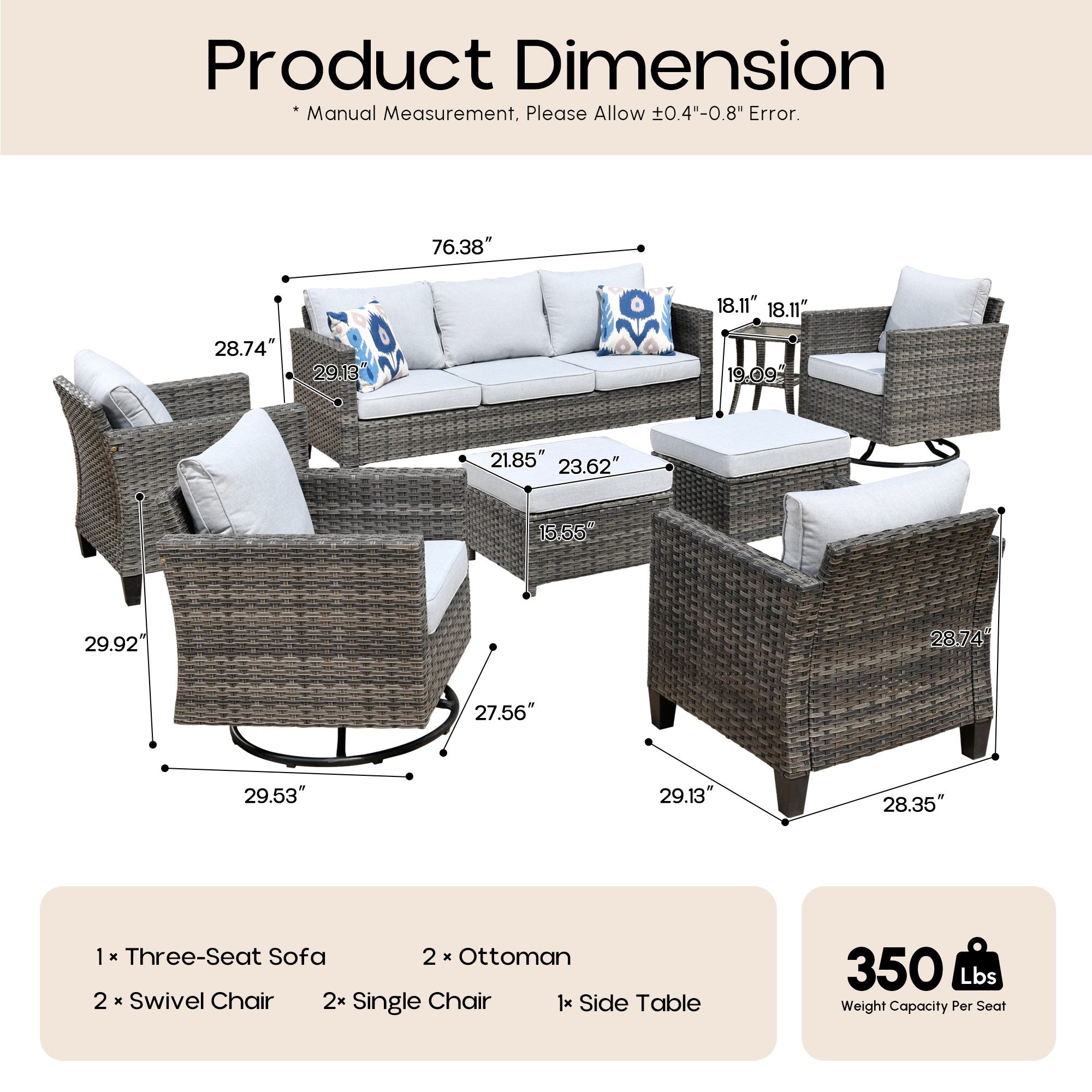 OVIOS Outdoor Patio Furniture Set with Wicker Sofa Loveseat Ottomans and Rocking Chairs