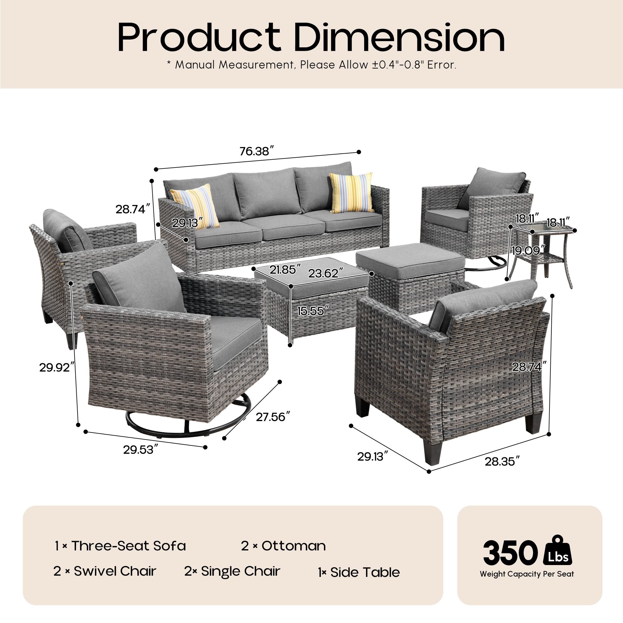 OVIOS Outdoor Patio Furniture Set with Wicker Sofa Loveseat Ottomans and Rocking Chairs
