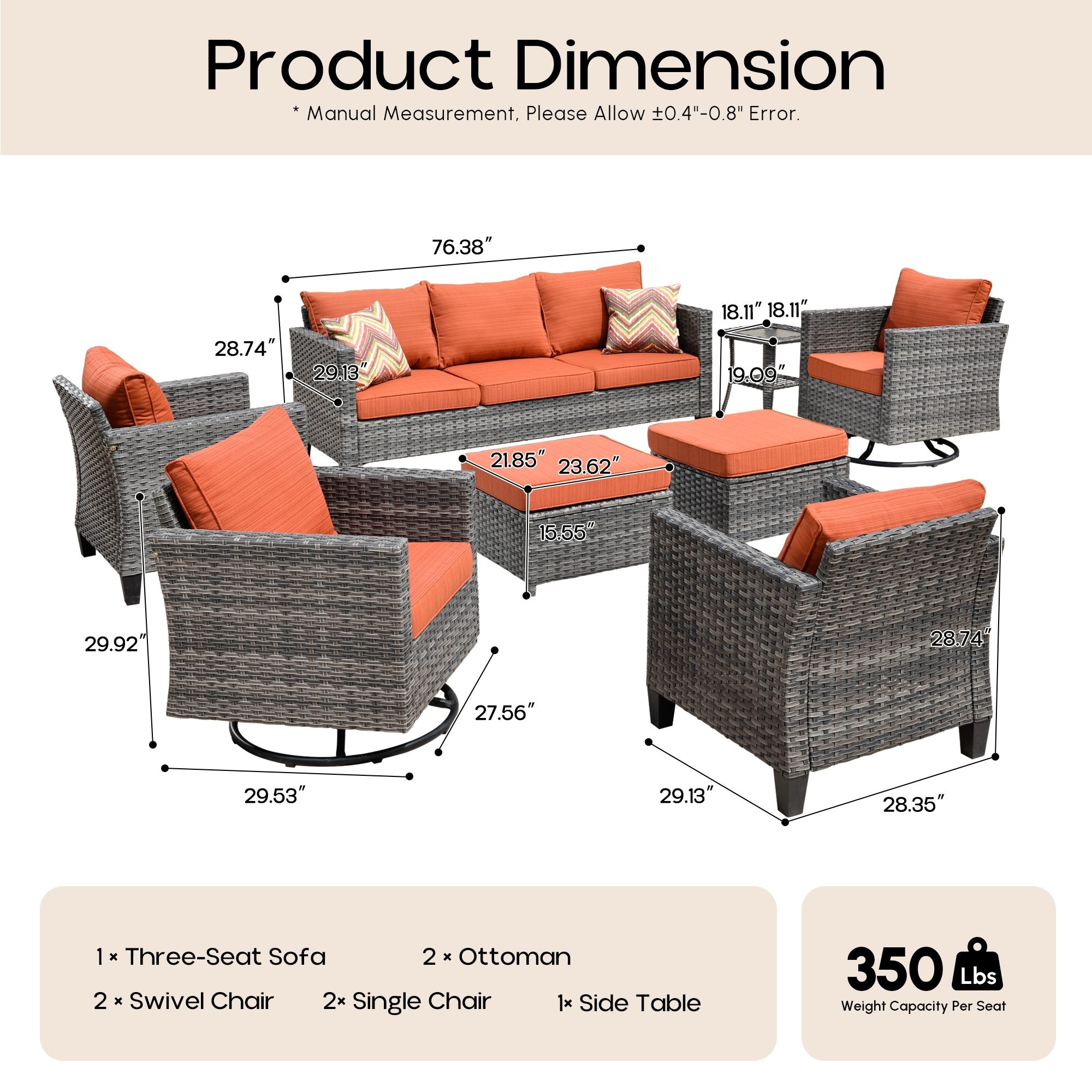 OVIOS Outdoor Patio Furniture Set with Wicker Sofa Loveseat Ottomans and Rocking Chairs