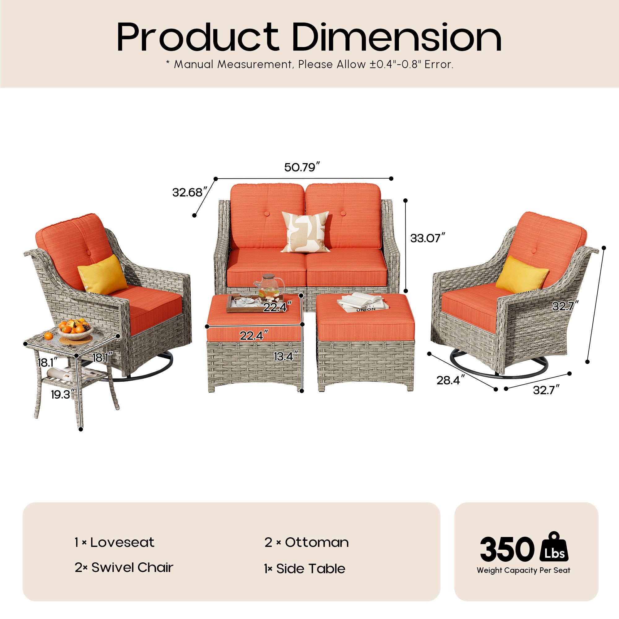 Ovios Conversation Set 5-Piece, PAD Series,Included Swivel Chair