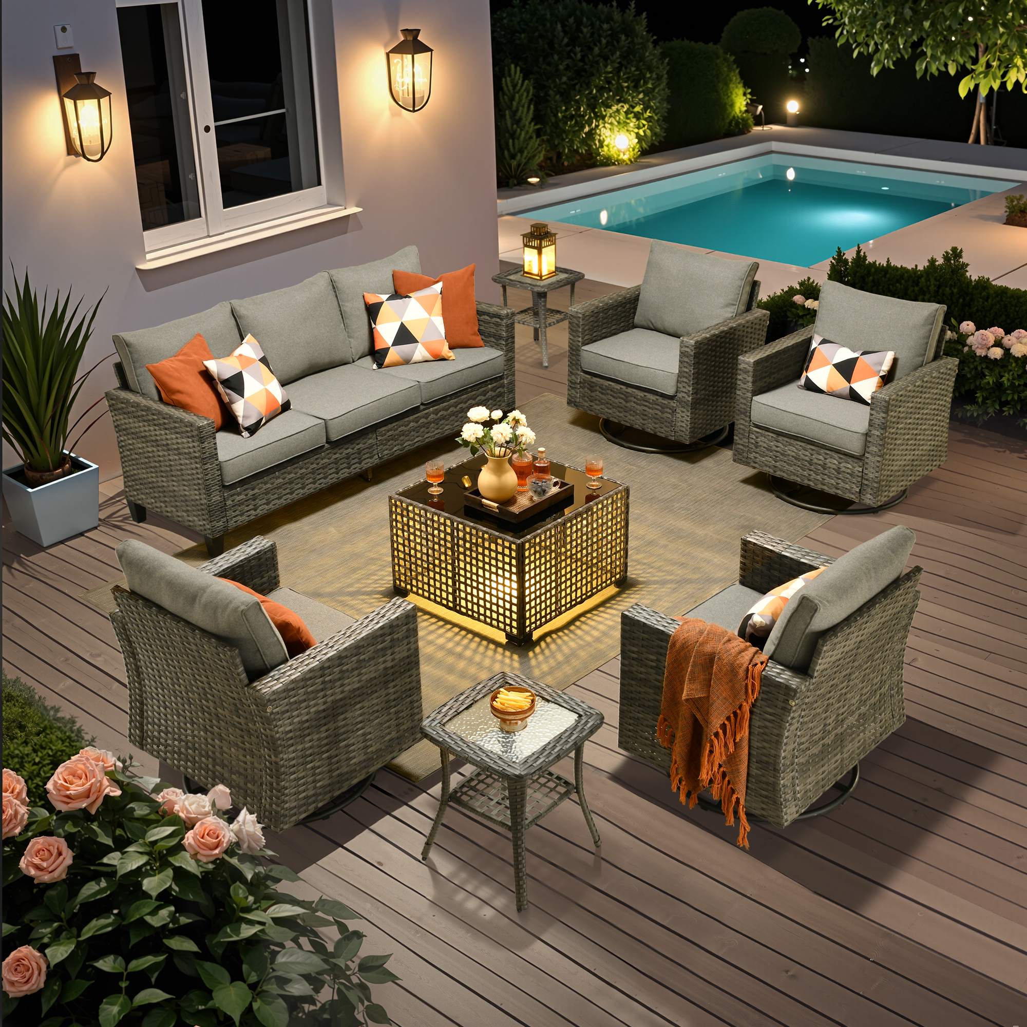OVIOS Outdoor Patio Furniture Set with Wicker Sofa Loveseat Ottomans and Rocking Chairs