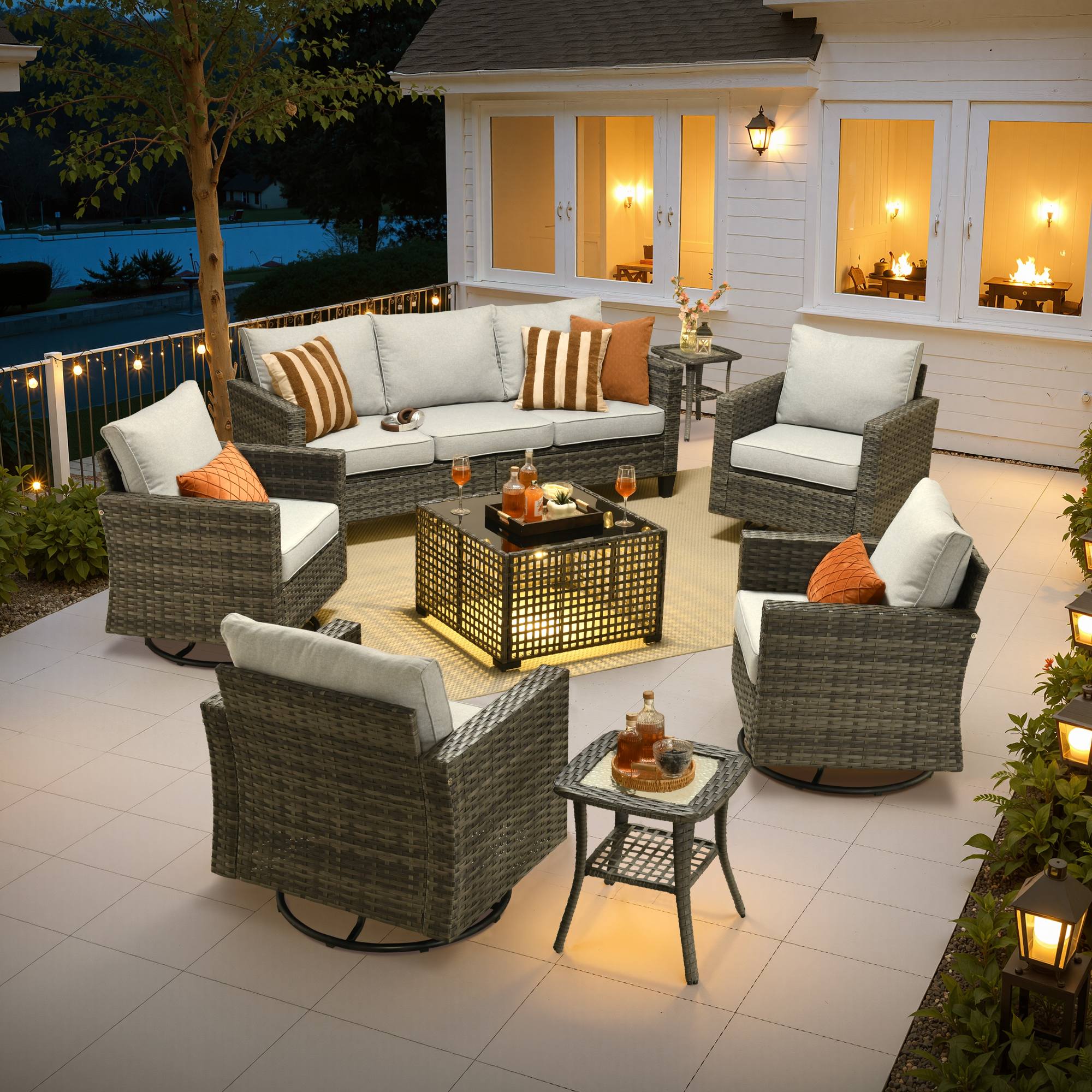 OVIOS Outdoor Patio Furniture Set with Wicker Sofa Loveseat Ottomans and Rocking Chairs
