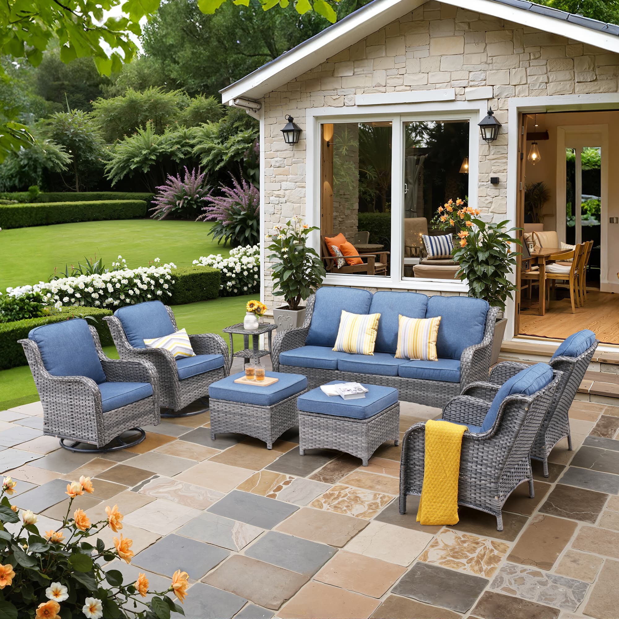 Ovios Patio Furniture Set 7-Piece With Cushions Kenard Curved Handrest