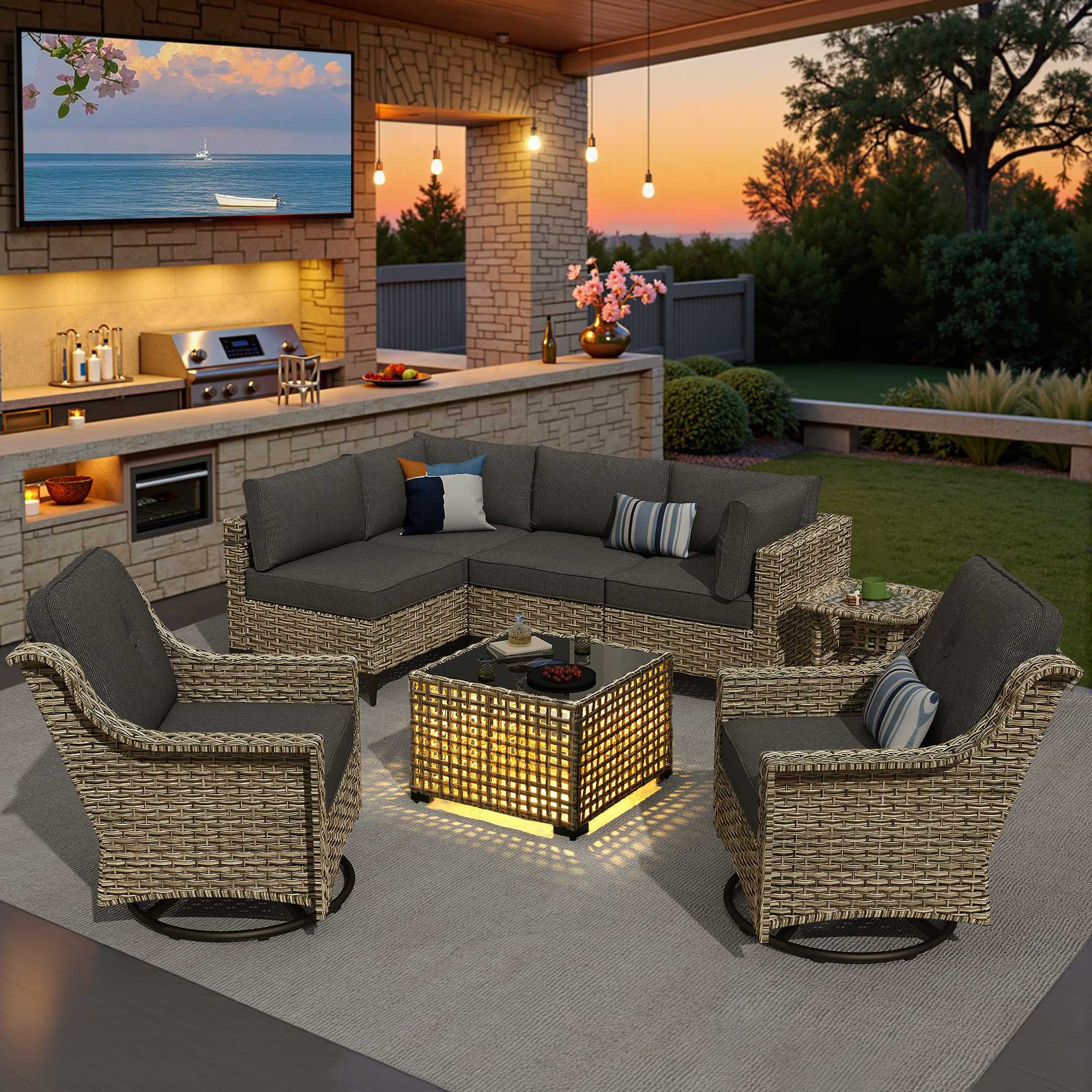 OVIOS Outdoor Wicker Patio Conversation Set for Patio Backyard