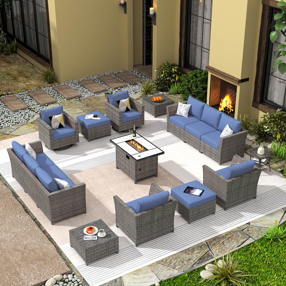 Ovios New Rimaru Series Patio Furniture Set 15-Piece include Swivel Chairs With 42"Rectangle Fire Pit Table Minimal Assembly