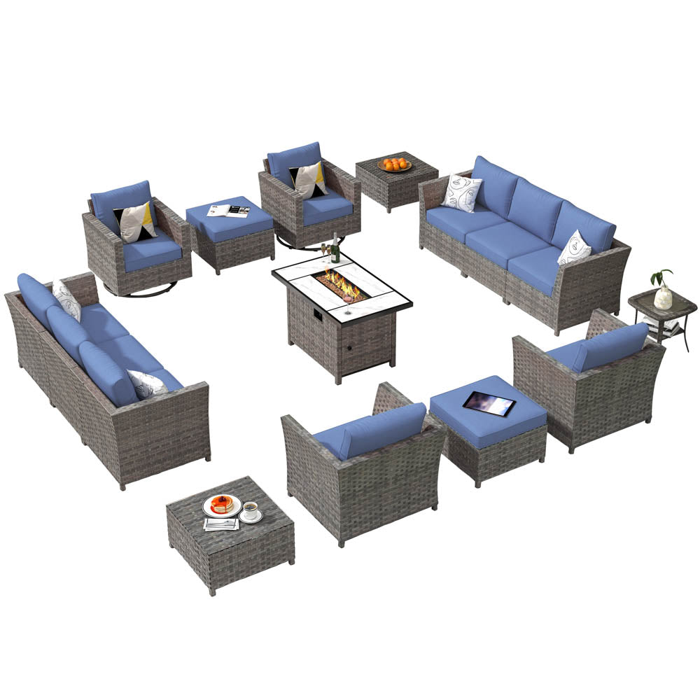 Ovios New Rimaru Series Patio Furniture Set 16-Piece include Swivel Chairs and 42"Rectangle Fire Pit Table Partially Assembled