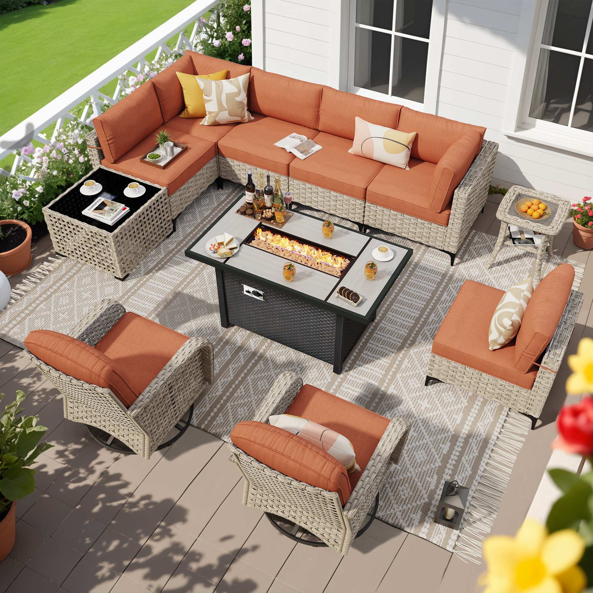 OVIOS Wicker Patio Conversation Set with Fire Pit Table, Orange Cushions