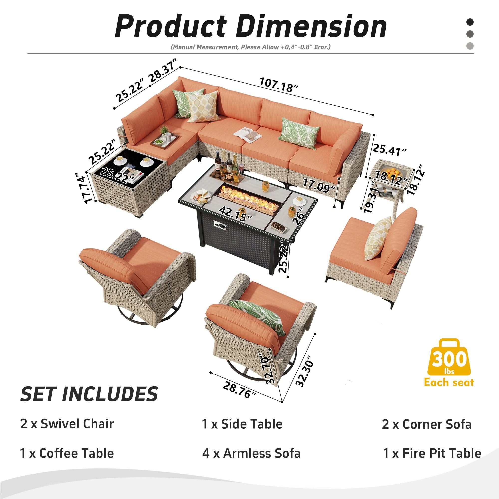 OVIOS 9-11 piece wicker patio set with fire pit table, showing dimensions and components.
