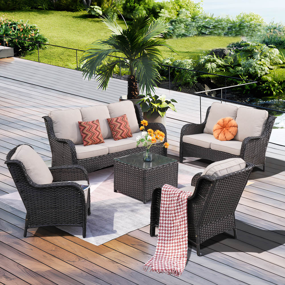 Ovios Patio Kenard 5-Piece Conversation Set with Loveseat and Tempered Glass Table